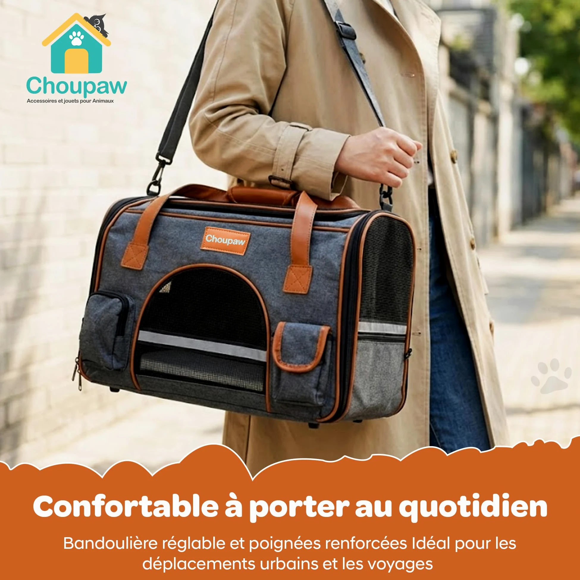 Choupaw Sac de Transport Chien et Chat 45 x 28 x 25 cm, Sac de Transport Cabine Avion Semi-Rigide avec Coussin Réversible Été/Hiver, Laisse Intérieure, Bandoulière Réglable et Bol Pliable Inclus