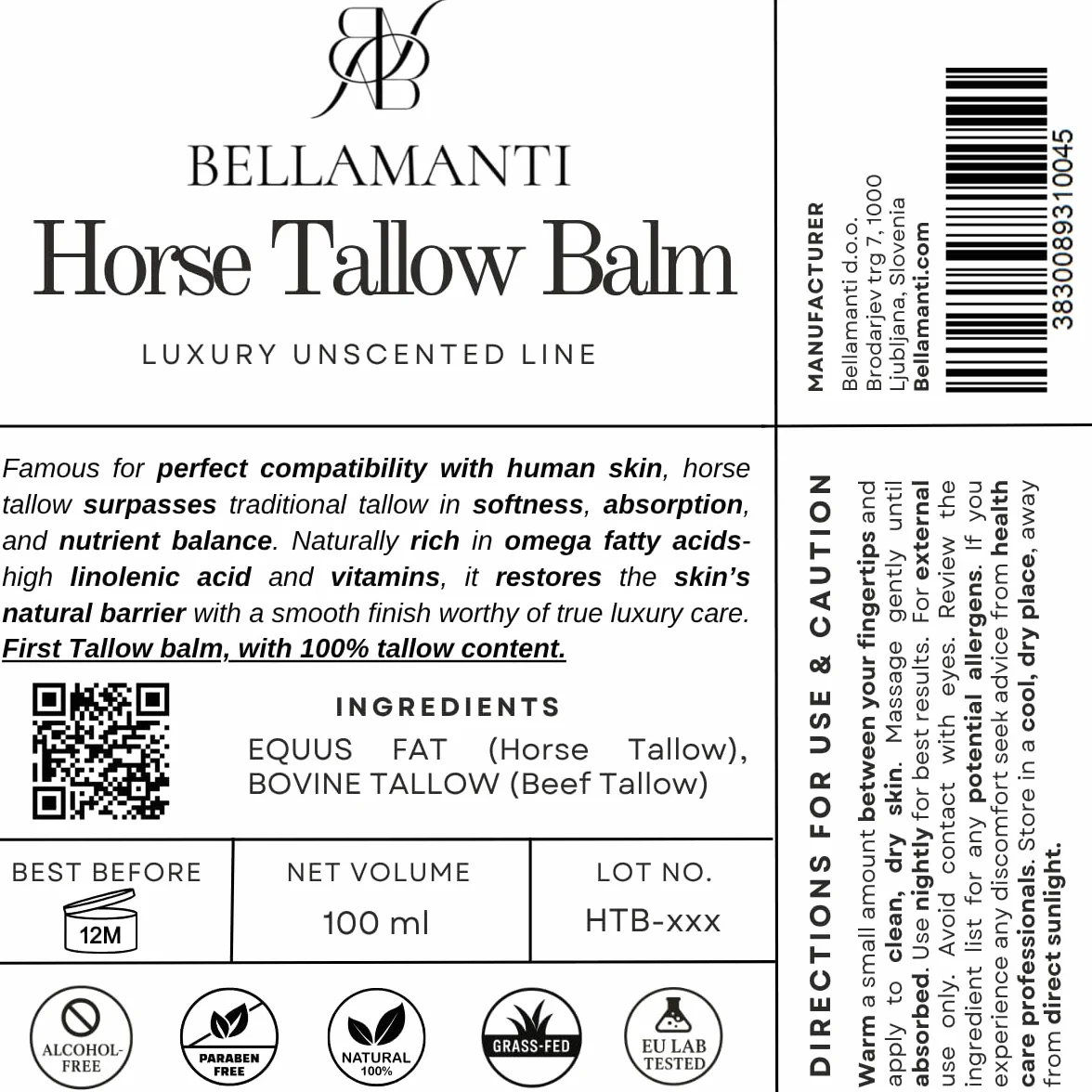 Baume 100% suif de cheval et de bœuf nourris à l’herbe pour peau sensible 100 ml