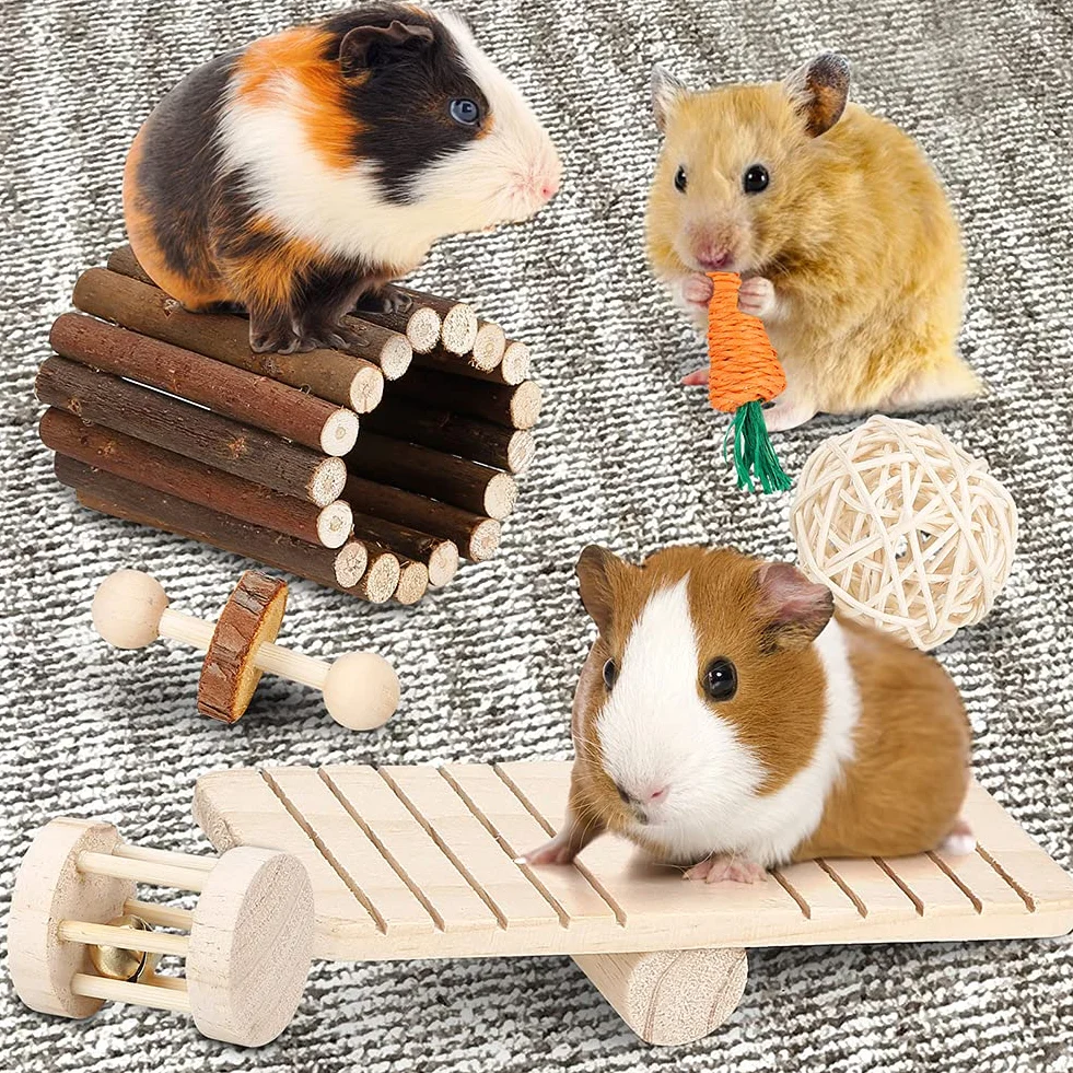 Jouets Cochon d'Inde à mâcher Naturel, Jouet pour Lapin, Hamster, Petits Animaux, Jouets molaires, Soins des Dents, Accessoires en Bois pour rongeurs, Jouet balançoire et Pont à Bascule