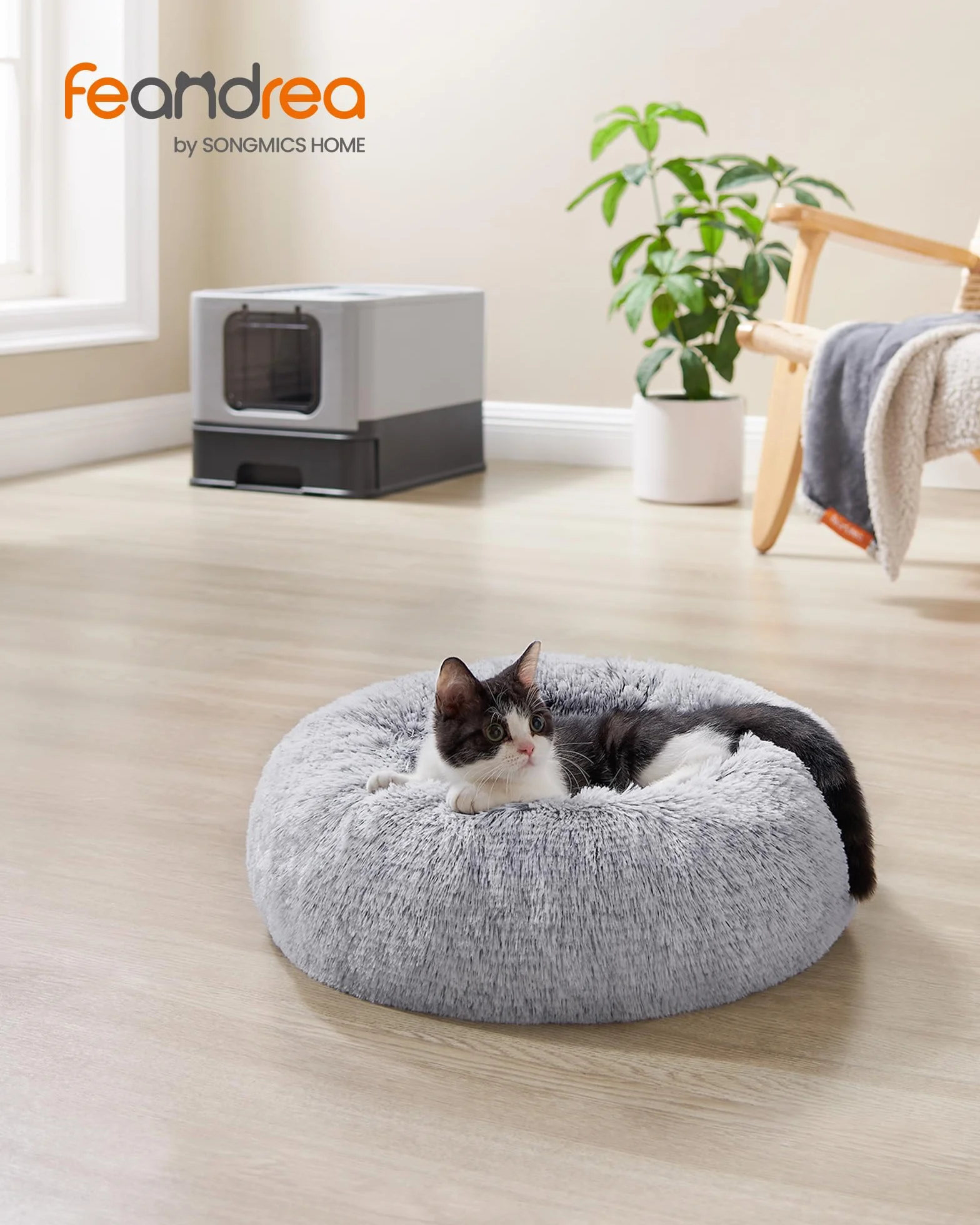 Feandrea Panier pour Chien Lit Ronde Forme Beignet Canapé Coussin Amovible Lavable Tissu Peluche Doux Ø40 cm Gris Ombré