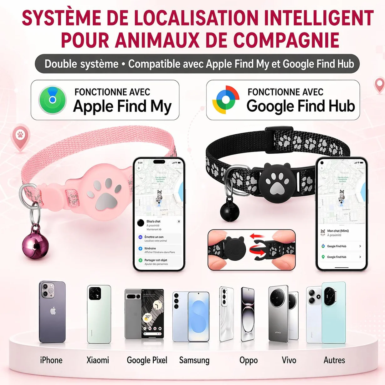 Collier GPS Chat sans Abonnement ni Carte SIM, Traceur GPS Étanche IP67, Localisation Temps Réel, Anti-Perte (Noir)