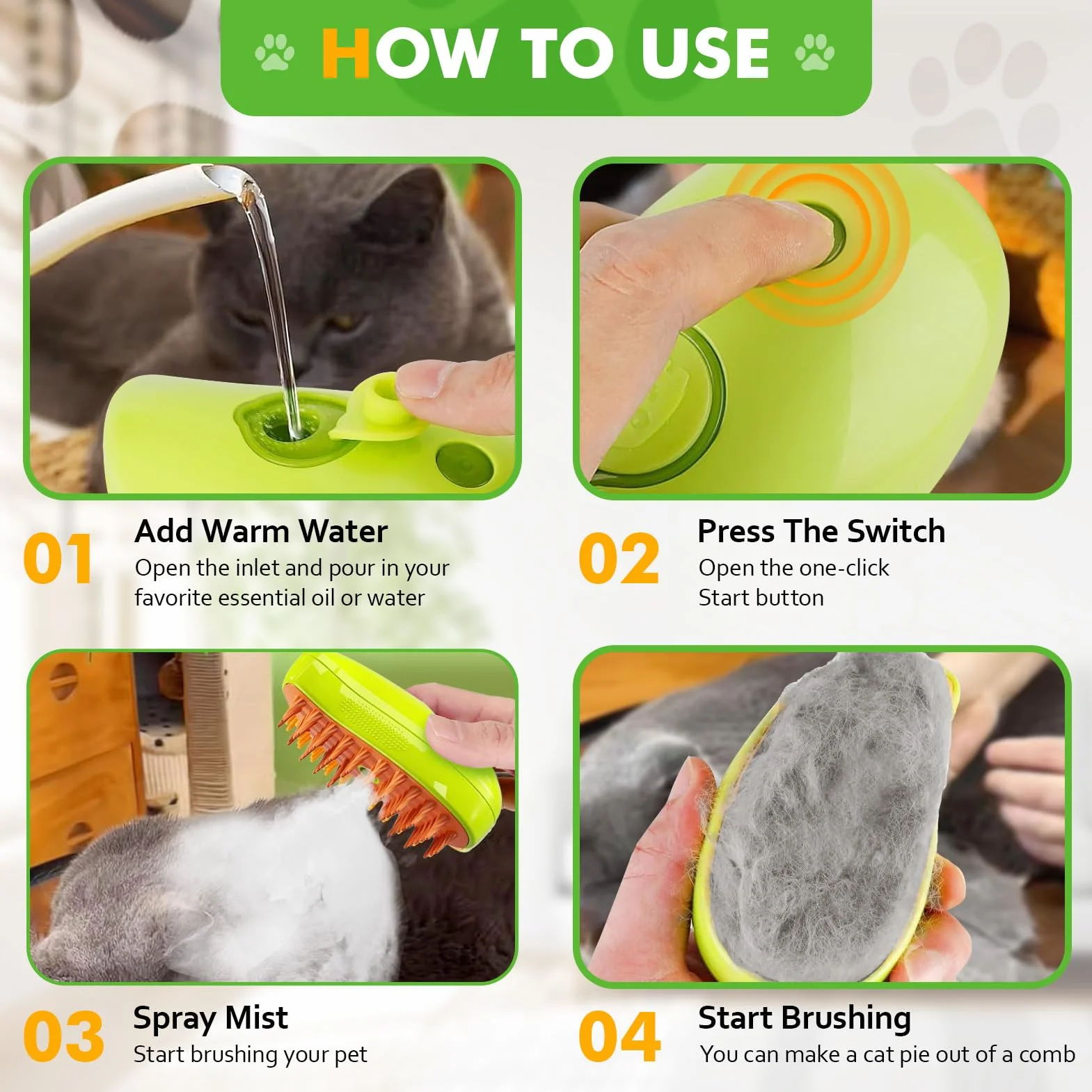 Brosse Chat à Vapeur 3-en-1 Multifonction Vert Démêler Noeuds Poils Lâches