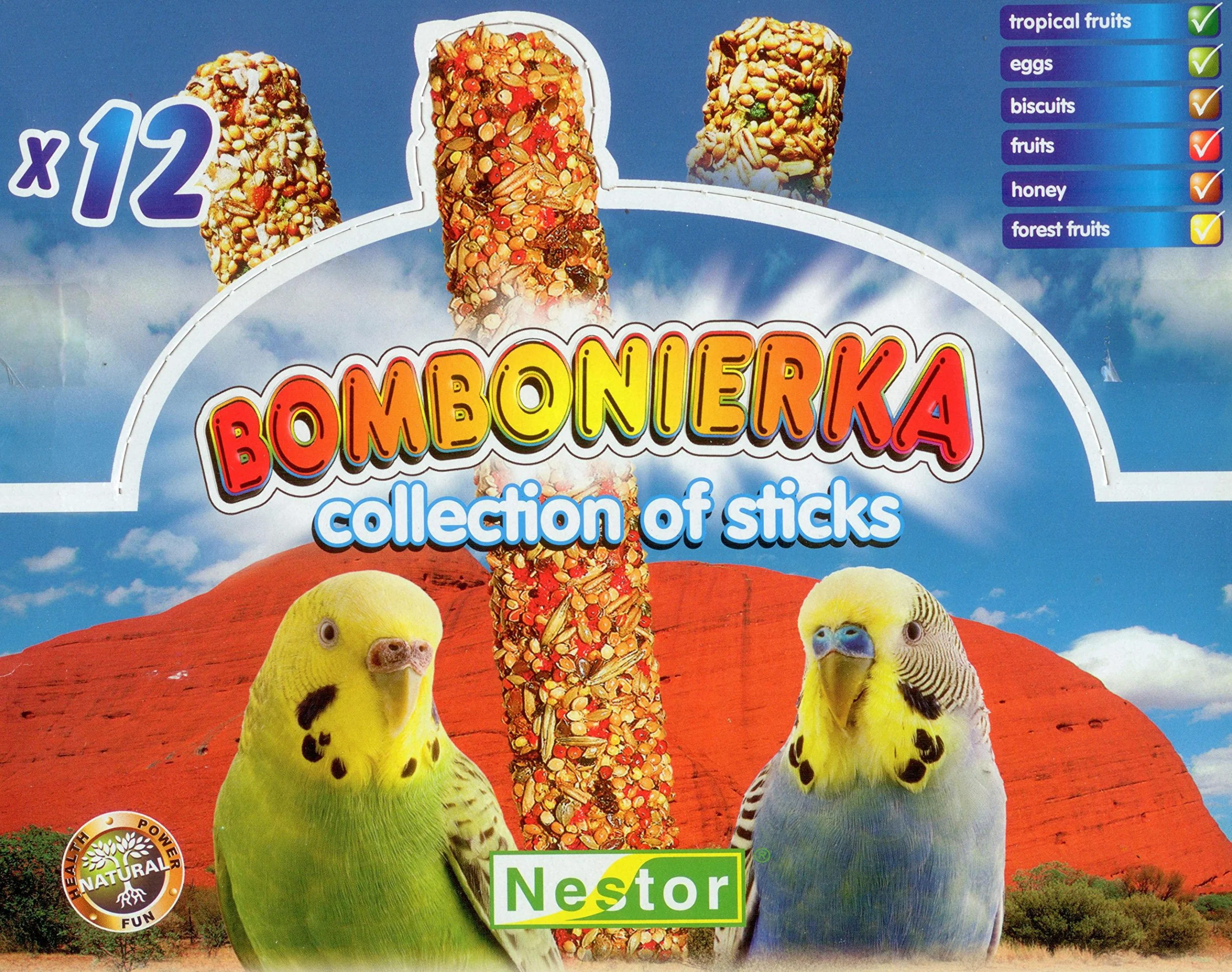 Bombonierka pour perruches 12 bâtonnets biscuits oeufs miel fruits tropical