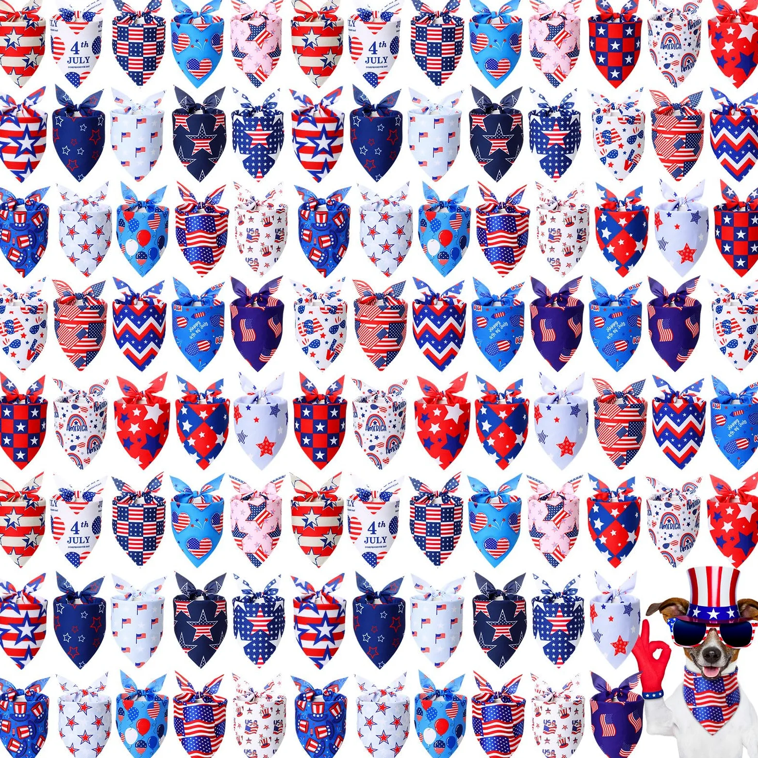 Sumind Lot de 100 bandanas patriotiques pour chien en vrac, écharpe triangulaire, bandanas pour chiens avec motifs de jour de l'indépendance pour le jour de l'indépendance, accessoires de costume pour