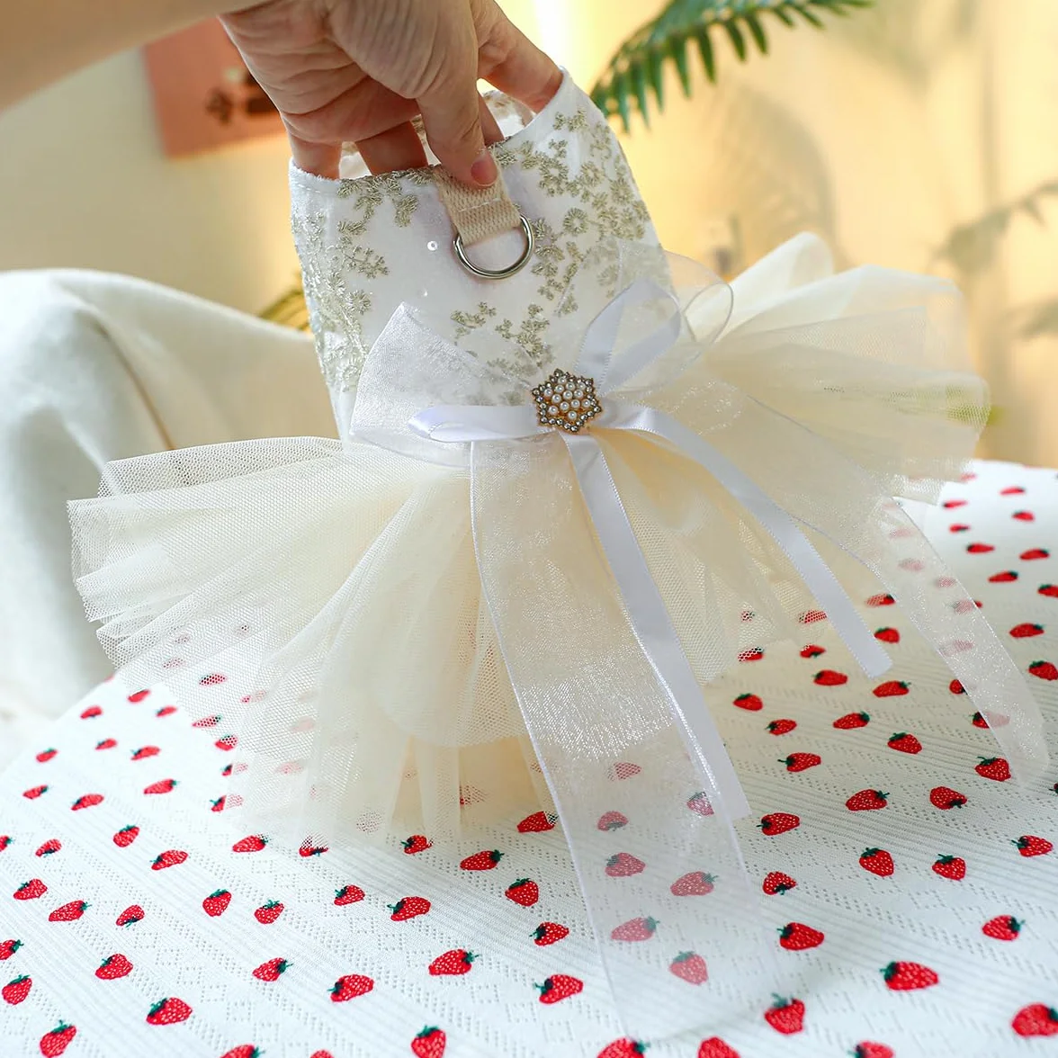 Robe chien fille champagne luxe mariée tutu princesse multicouche brodée fleurs chat taille M