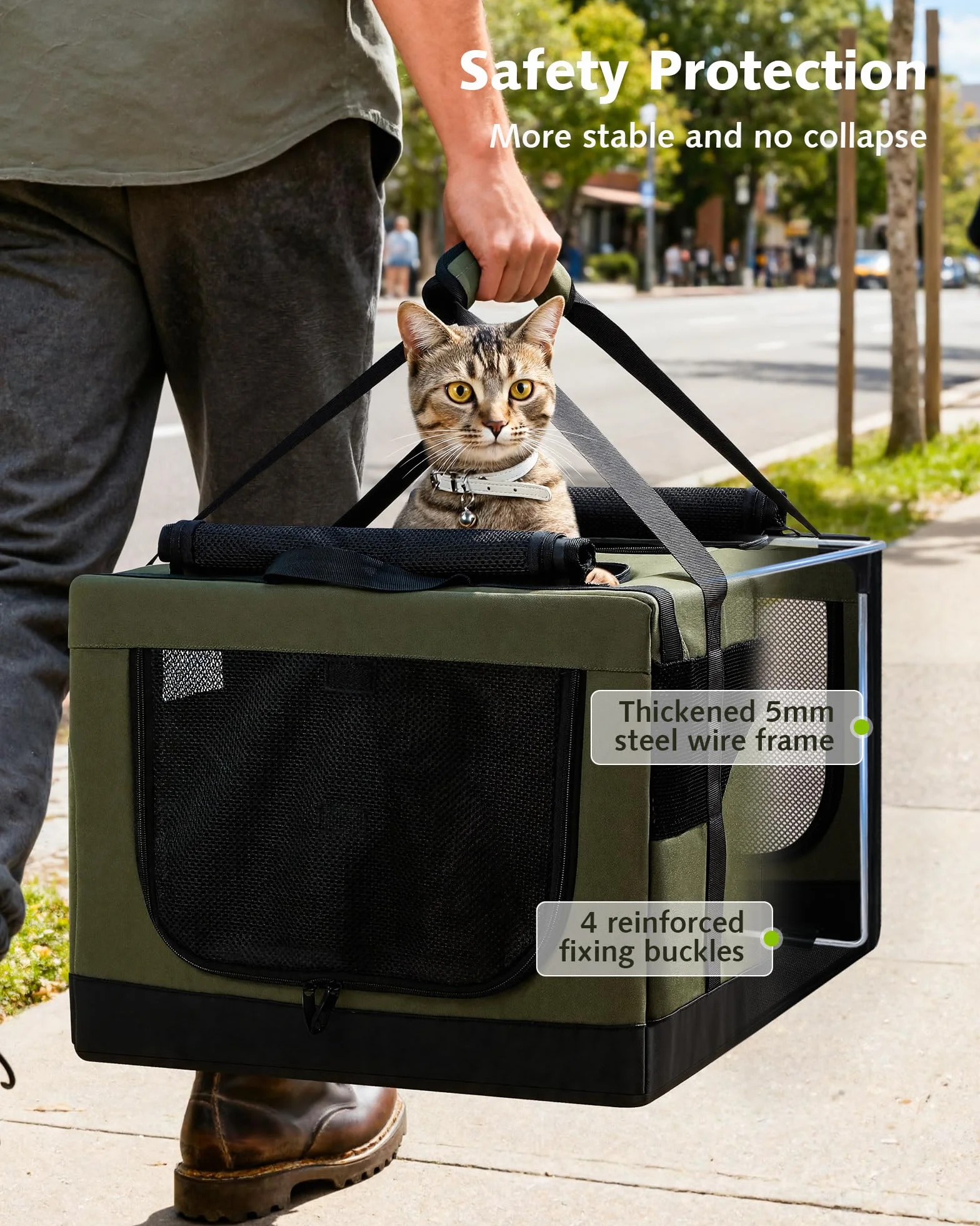 Pecute Sac de Transport pour 2 Chat, Cadre Ultra Stable, Pliable, Vert