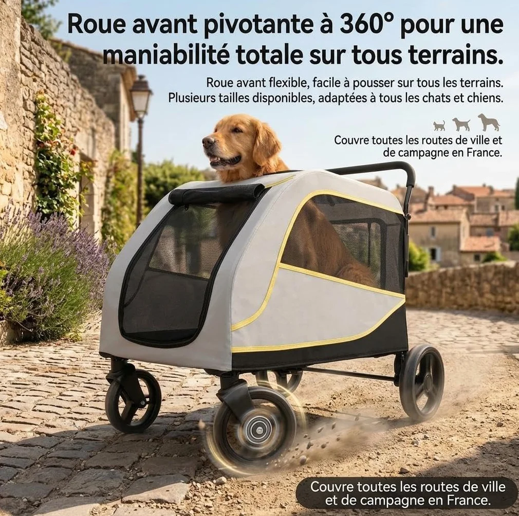 Poussette pour Chien Chat, Charge 60 kg, Chariot de Transport Pliable 4 Roues avec Double Frein, Laisse de Sécurité, Portes Avant et Arrière pour Accès Facile, Coussin et Poches, Résistant