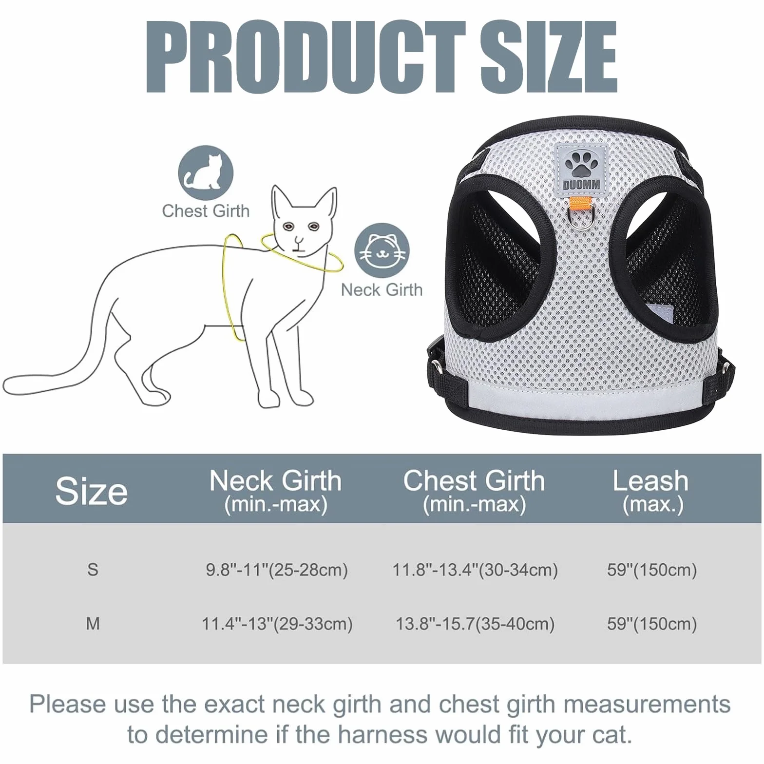 Harnais et Laisse pour Chat Anti évasion, Réglable, Réfléchissant, Gilet Respirant (M Gris)