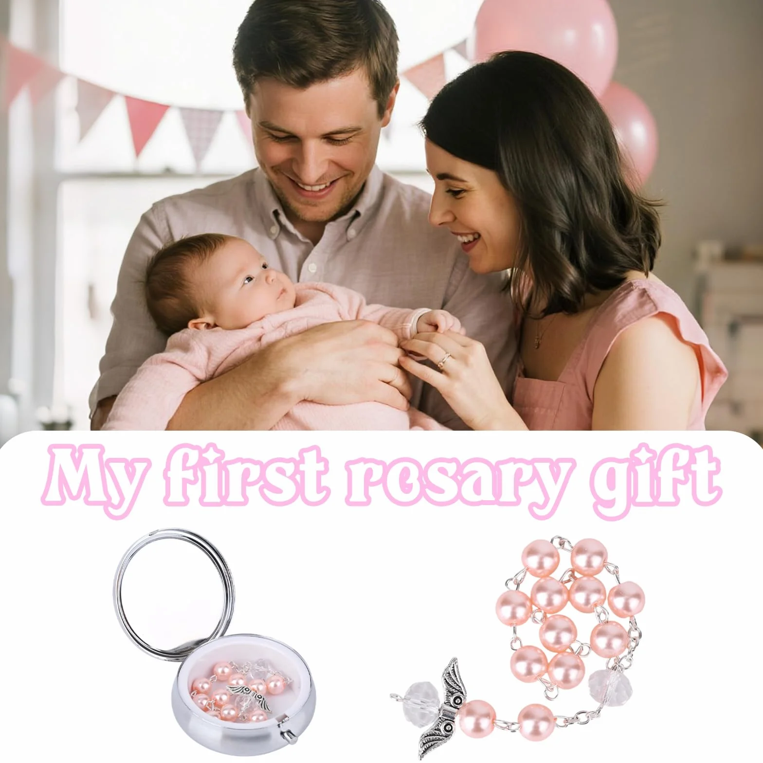 Coffret Cadeau de Baptême Mon Premier Chapelet avec Chapelet et Bracelet Ailes d'Ange Perles Catholiques Rose