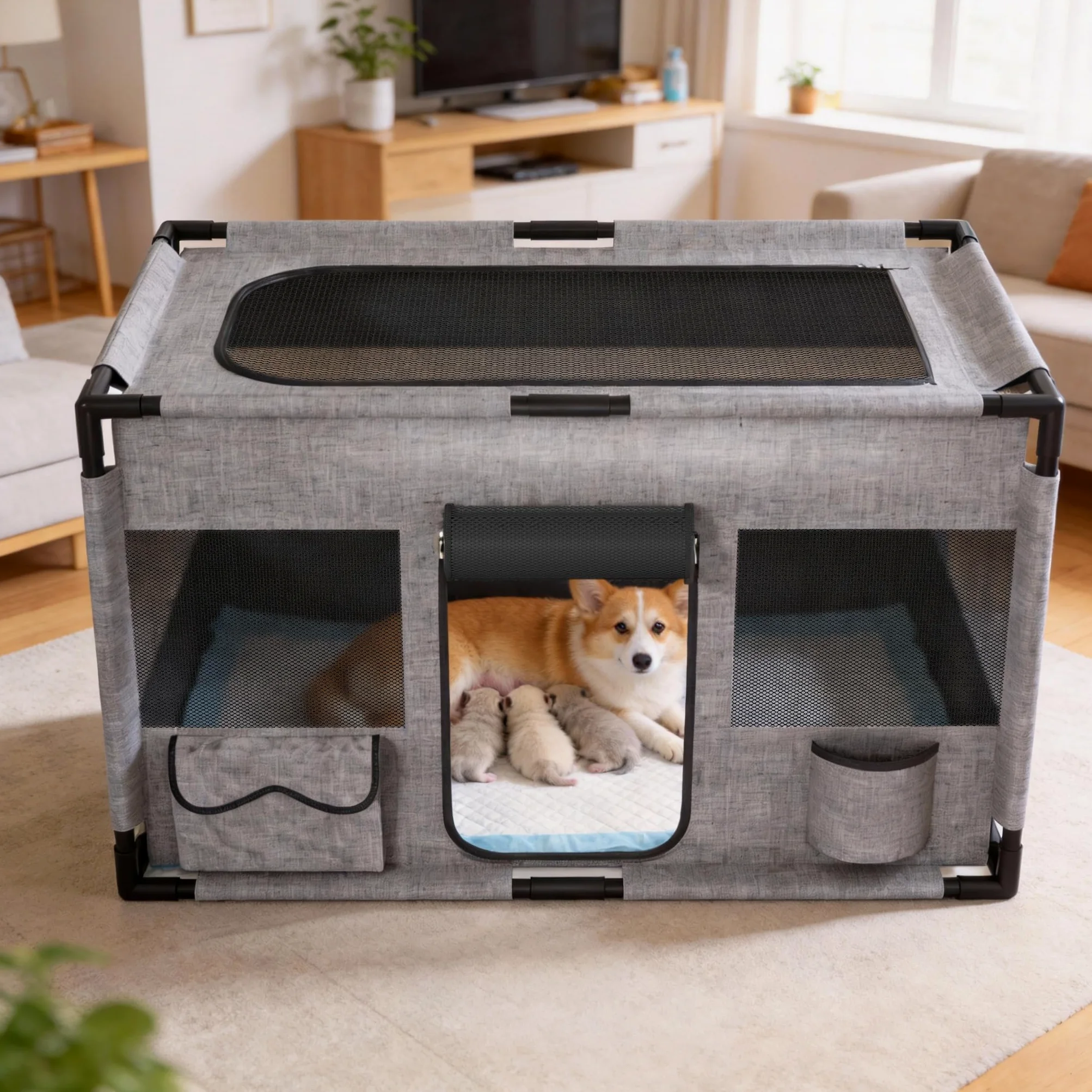 LZQ Enclos pliable pour animal de compagnie - Cadre en PVC - Cage pour animaux de compagnie - Enclos pour animaux - Enclos pour chiots - Pour chiens, chats, petits animaux - Carré - Taille L