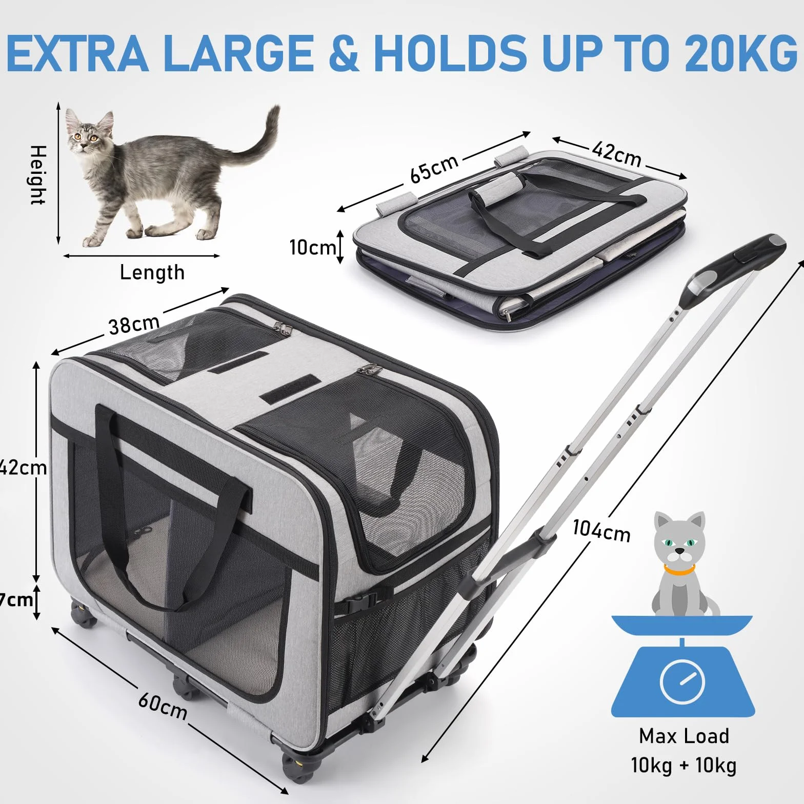 Sac de Transport pour Chats 20kg Double Compartiment Séparateur Amovible Roulettes Poignée Gris XL