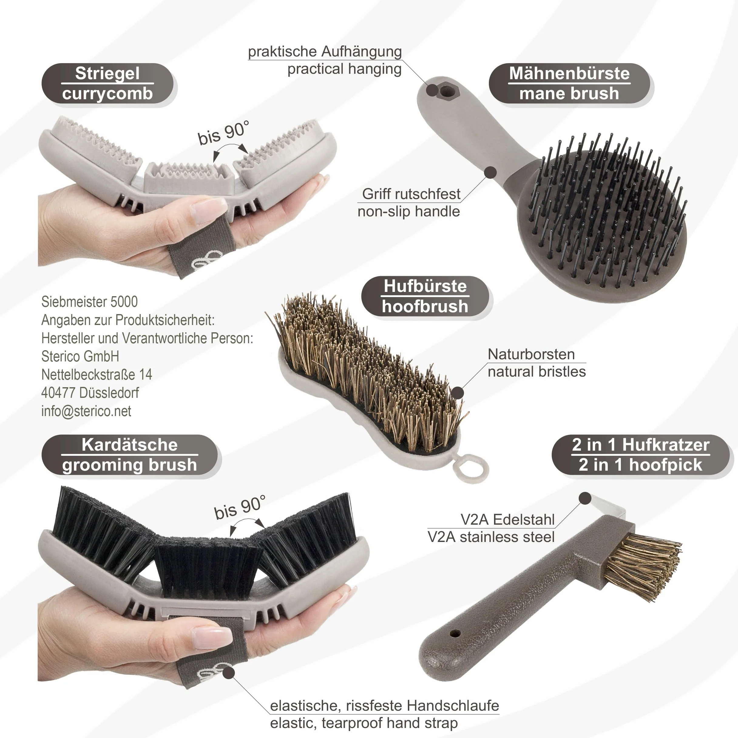 Chevalon Kit de nettoyage pour chevaux Brosse flexible Étrille Brosse de massage 2in1 cure pied V2A Brosse à crinière