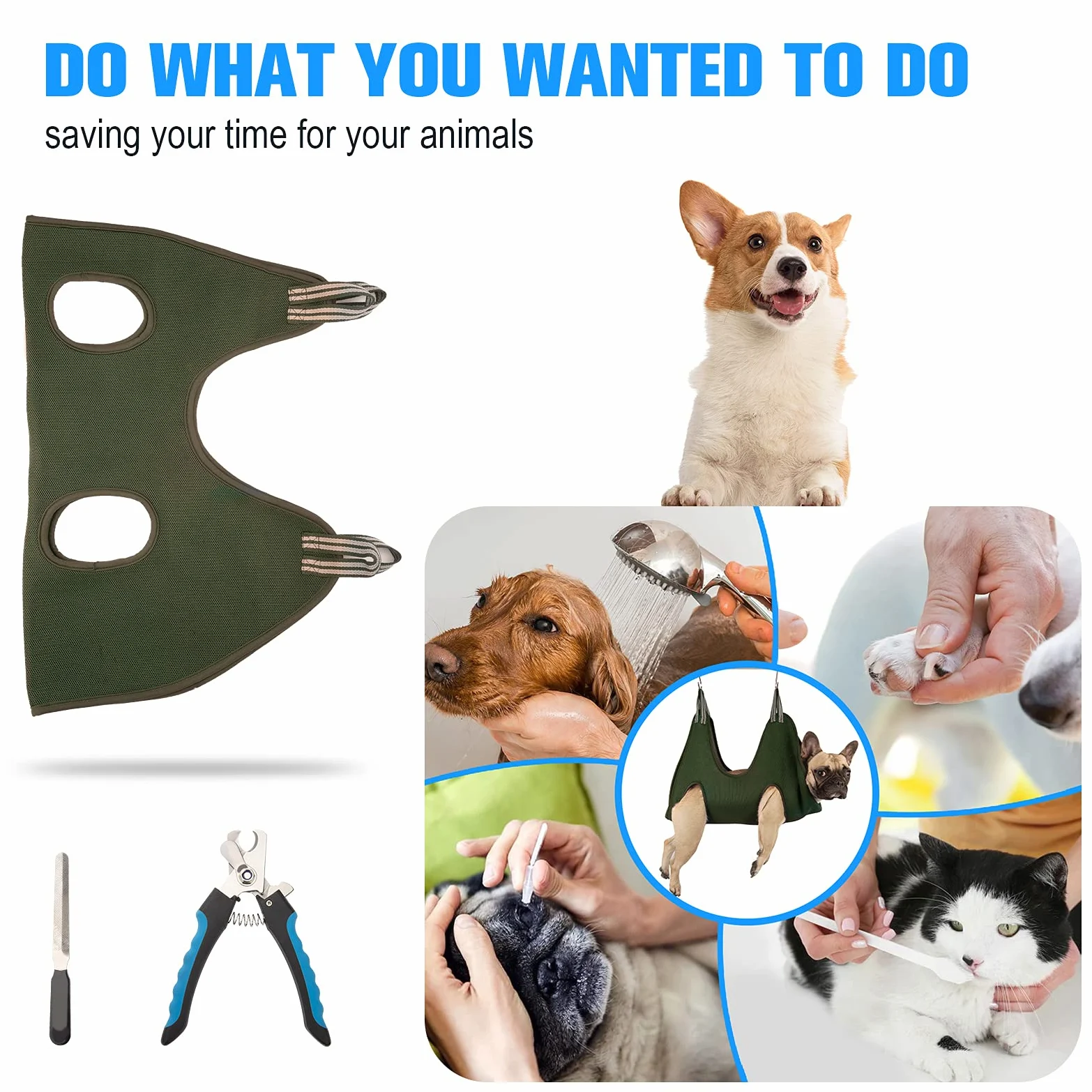 Kkiimatt Harnais hamac de toilettage 10 en 1 pour Animal Domestique avec Coupe-Ongles/Coupe-Ongles, Lime à Ongles, Peigne, Sac de retenue Respirant pour Chien, Aide de toilettage pour Chien pour