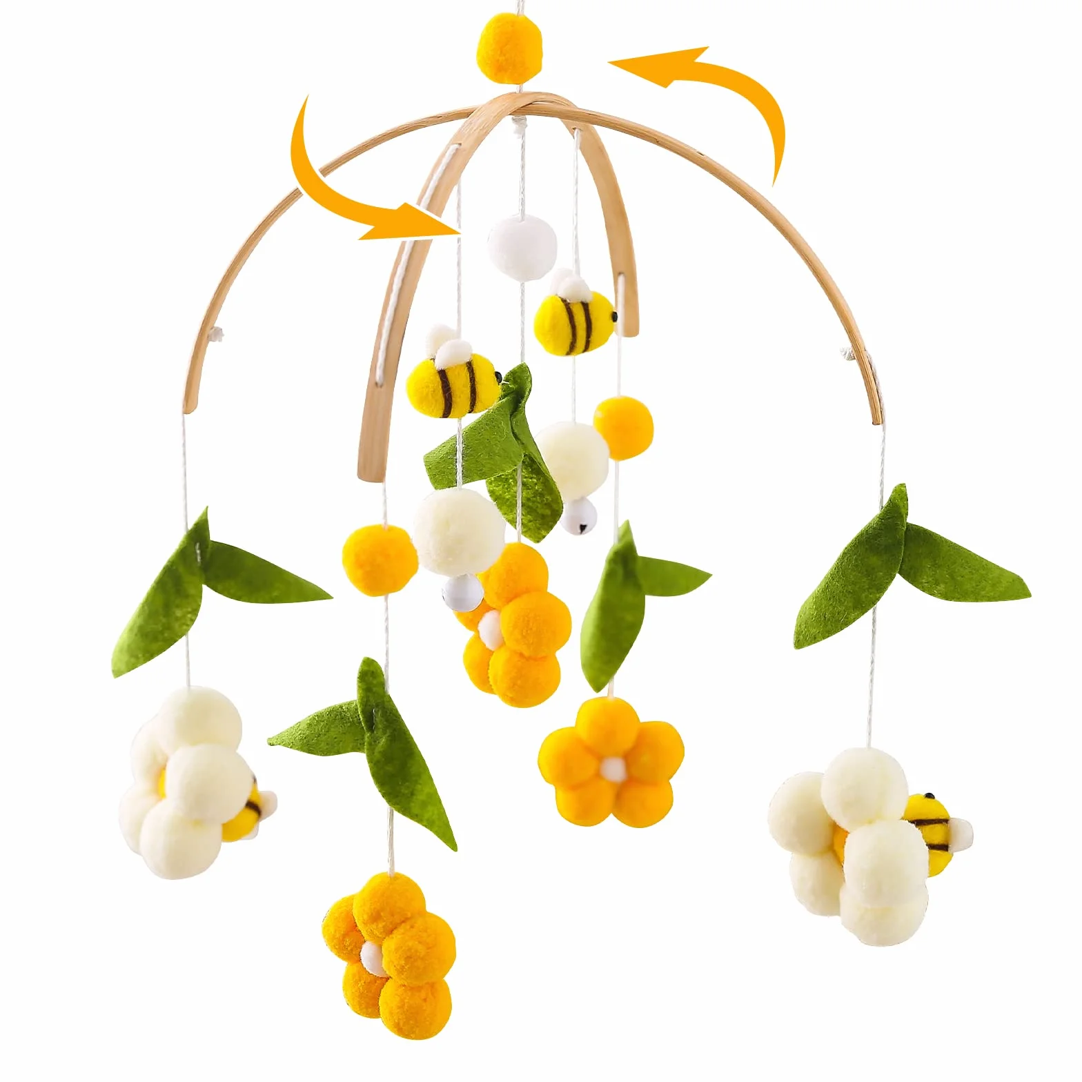 Mobile Bébé en Bois avec Boules de Feutre, Abeilles et Fleurs, Pendentif Cloche de Lit, Décoration Chambre d'enfant, Cadeau Bébé Fille et Garçon