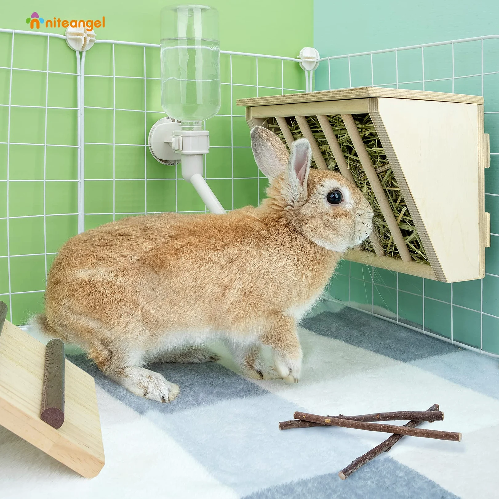 Niteangel pour Animal Domestique Foin Crèche en Bois avec Assise, Grande Taille, 9–7/20,3 cm X 6–3/10,2 x 20,3 cm, Plywood