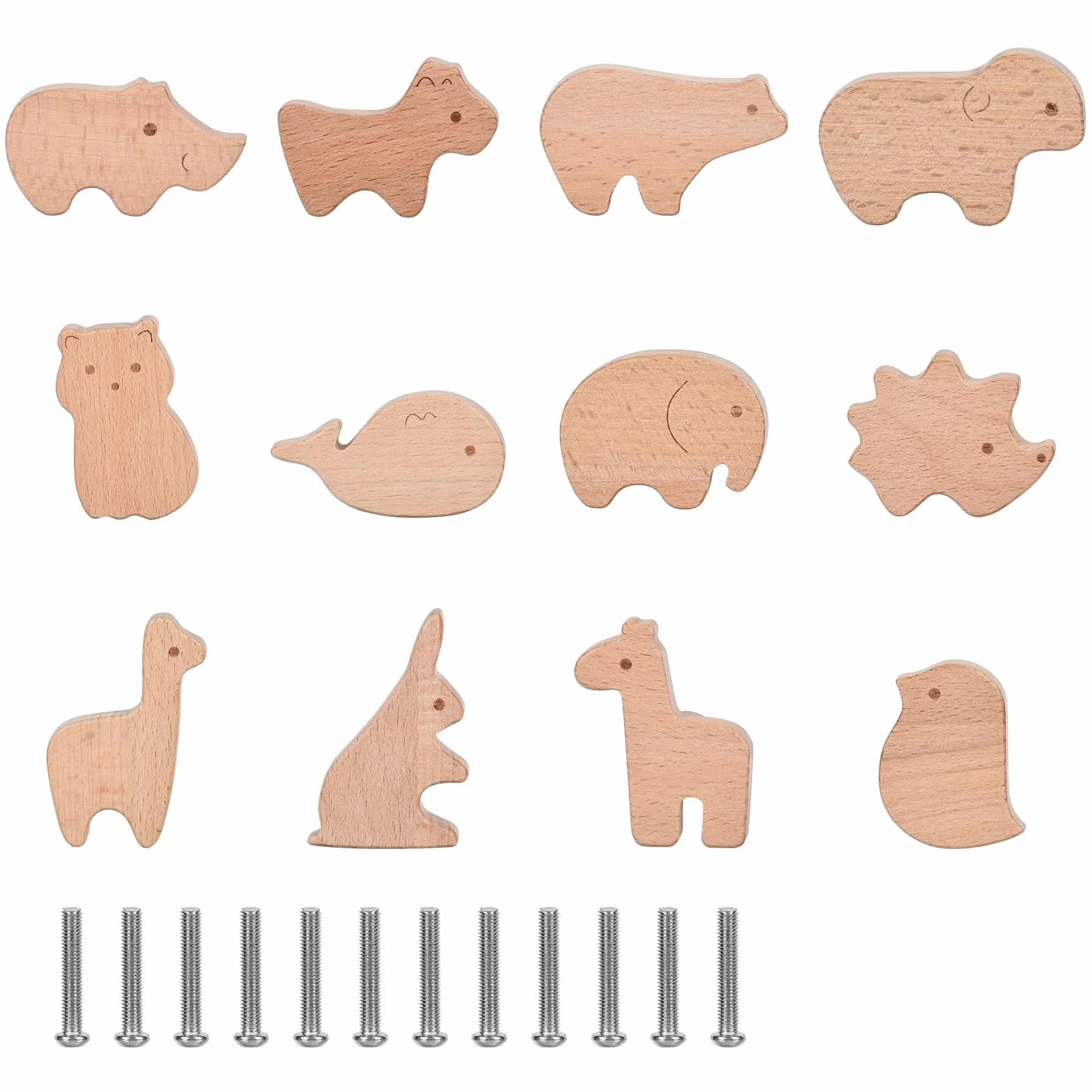Poignées de tiroir en bois forme animal lot de 12 avec vis chambre enfant