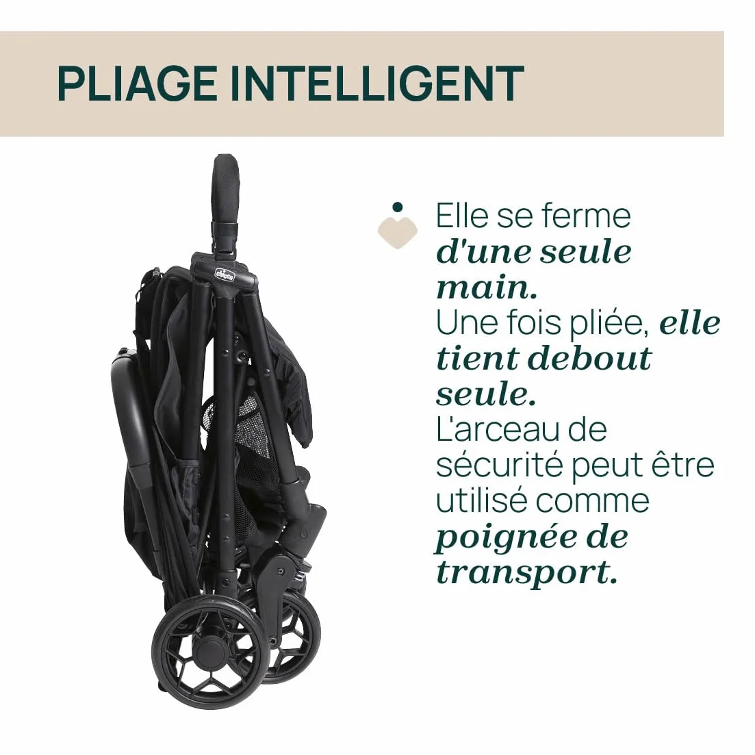 Chicco Poussette Urbino 0-22 kg Légère Compacte Pliage une main Capote Extensible UV50 Repose-Jambes Noir