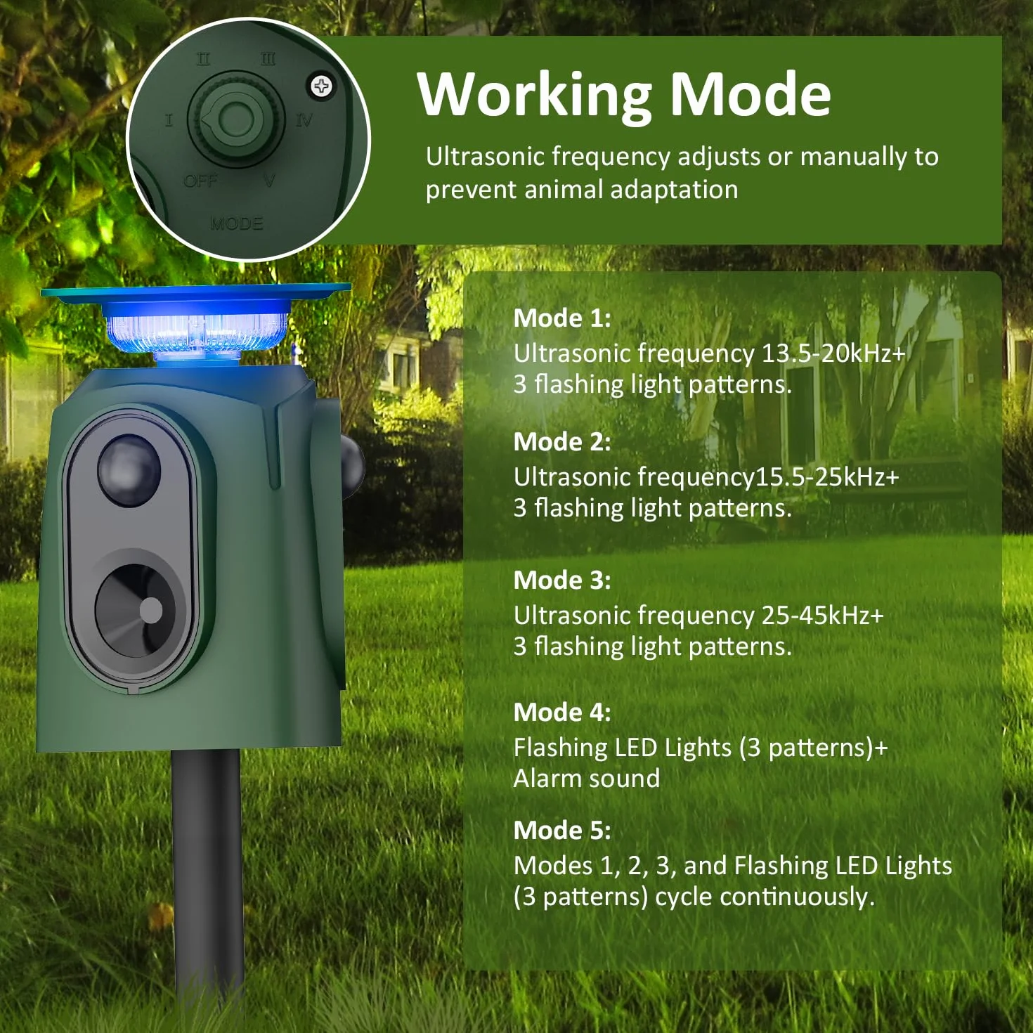 Repulsif Chat Exterieur Solaire Jkevow 360° Ultrason avec Détecteur Flash 5 Modes pour Chats Chiens Souris