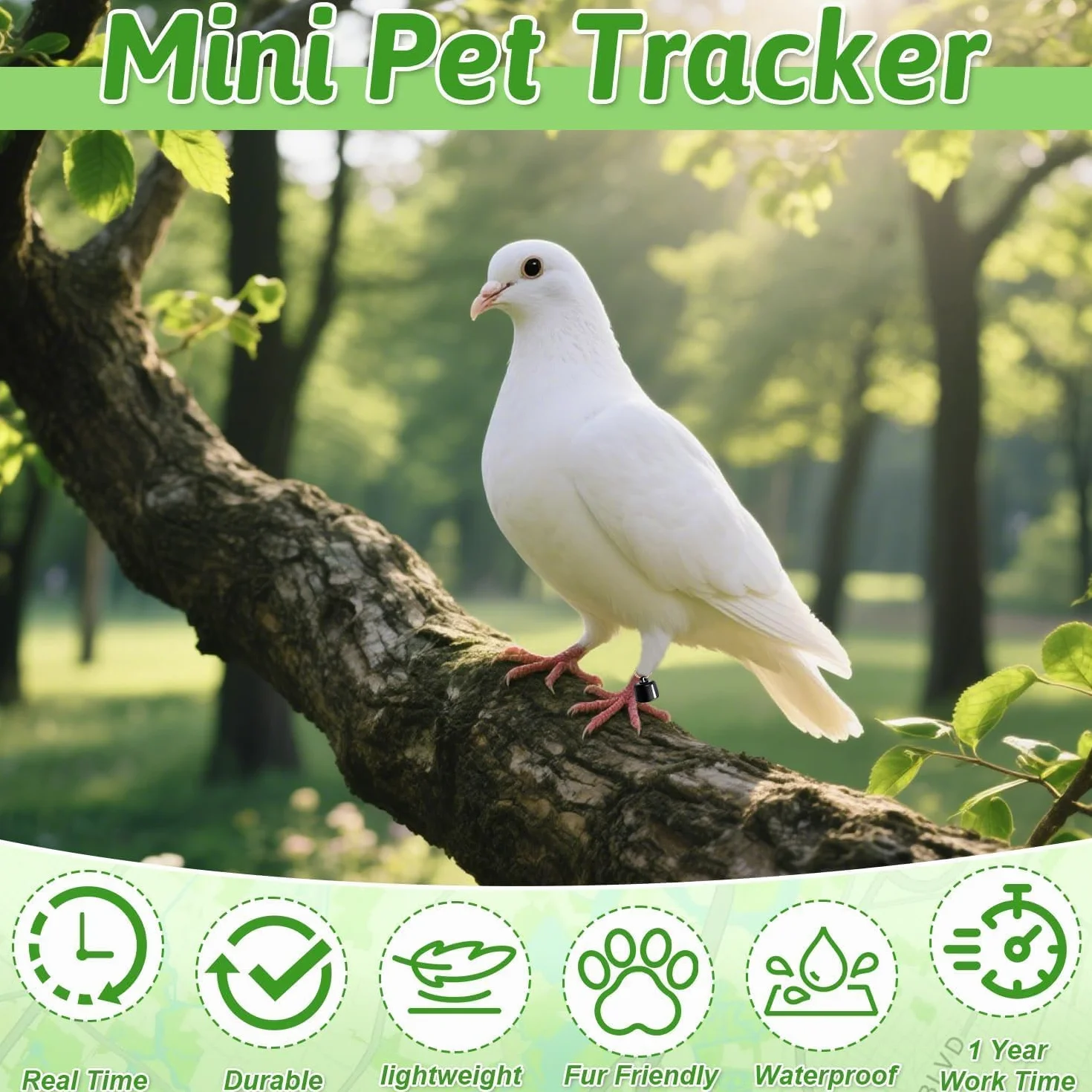 Collier GPS pour Chat Sans Abonnement, Localisateur GPS avec Suivi en Temps Réel, Compatible iOS/Android, Imperméable, Batterie Longue Durée (Vert)
