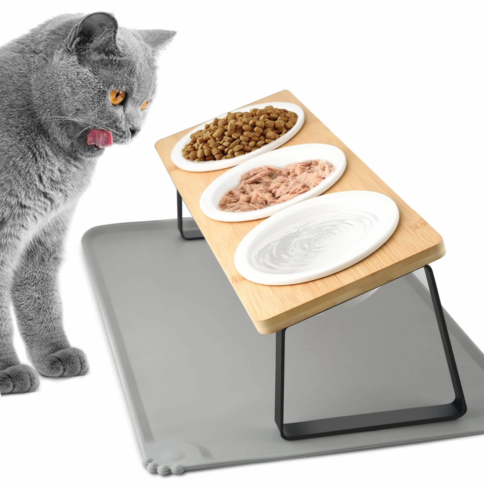 Gamelle Surélevée pour Chat et Petits Chiens, 3 Bols Céramique avec Support Incliné 15° et Tapis