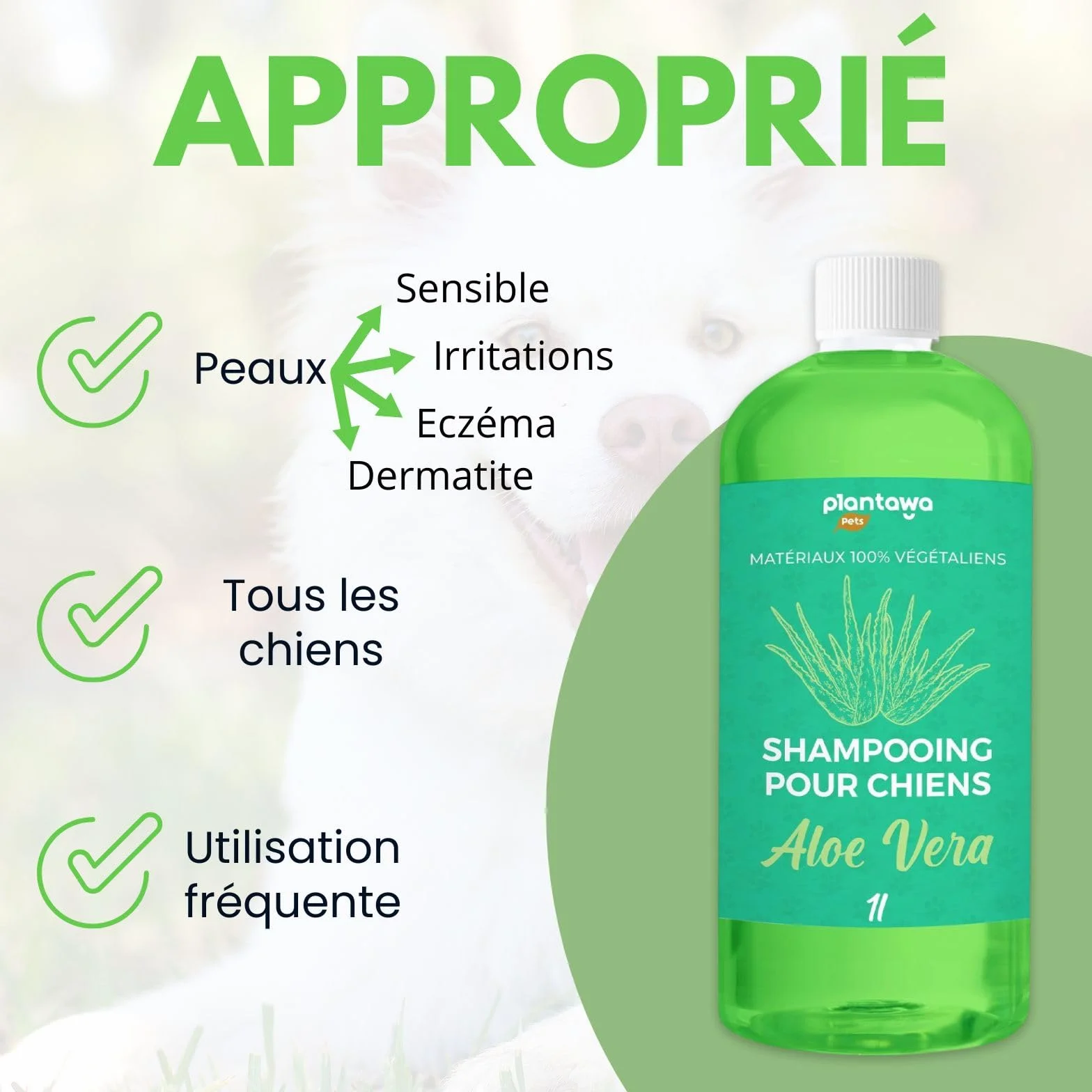 Plantawa Shampooing pour Chien à l'Aloe Vera 1L Peau Sensible Anti-Irritation Vegan
