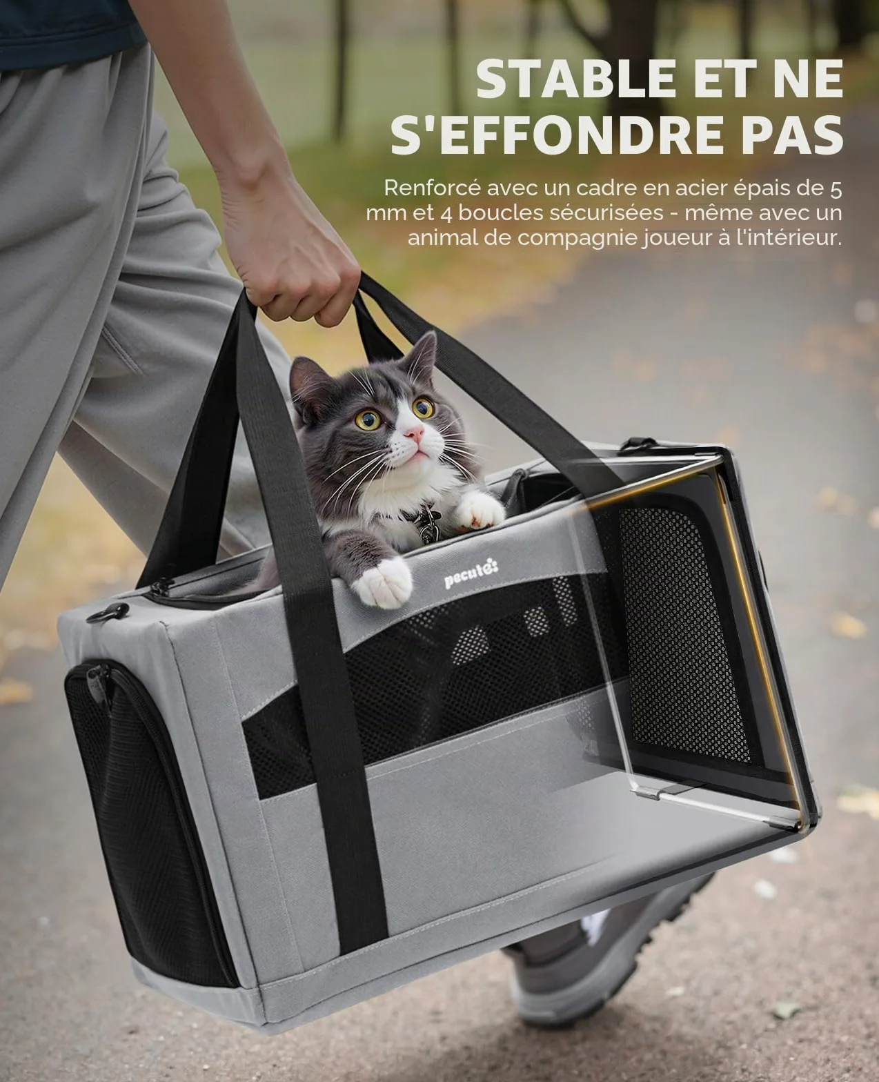 Pecute Sac de Transport pour Chat Pliable Ultra Stable Gris Voyage Chien Portable