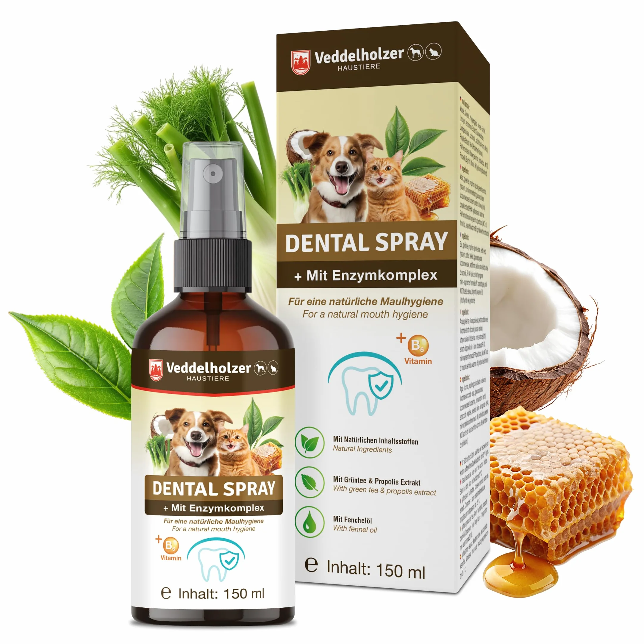 Veddelholzer Spray Dentaire probiotique pour Chiens et Chats 150 ML avec Brosse à Dents des Doigts et Complexe enzymatique