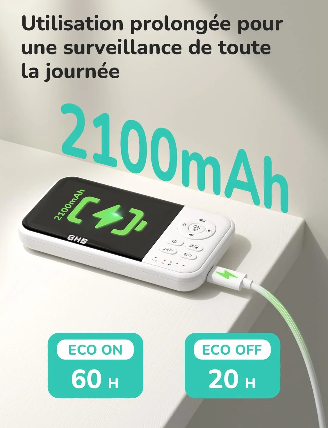 Babyphone Caméra Bébé Surveillance 3,2 pouces LCD 2100mAh Capteur de Température Vision Nocturne 2X Zoom Audio Bidirectionnel