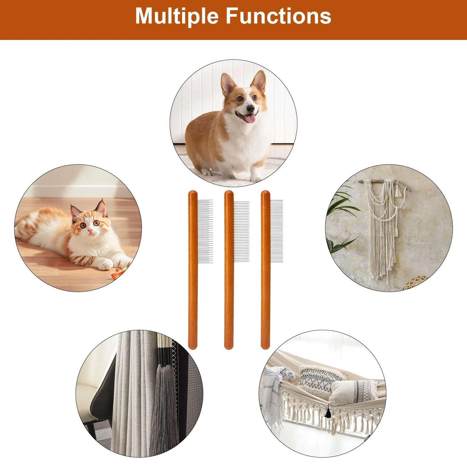APOMOONS Peignes en Bois pour Animaux, Inoxydable Peigne de Toilettage, Peigne à Macramé en Acier