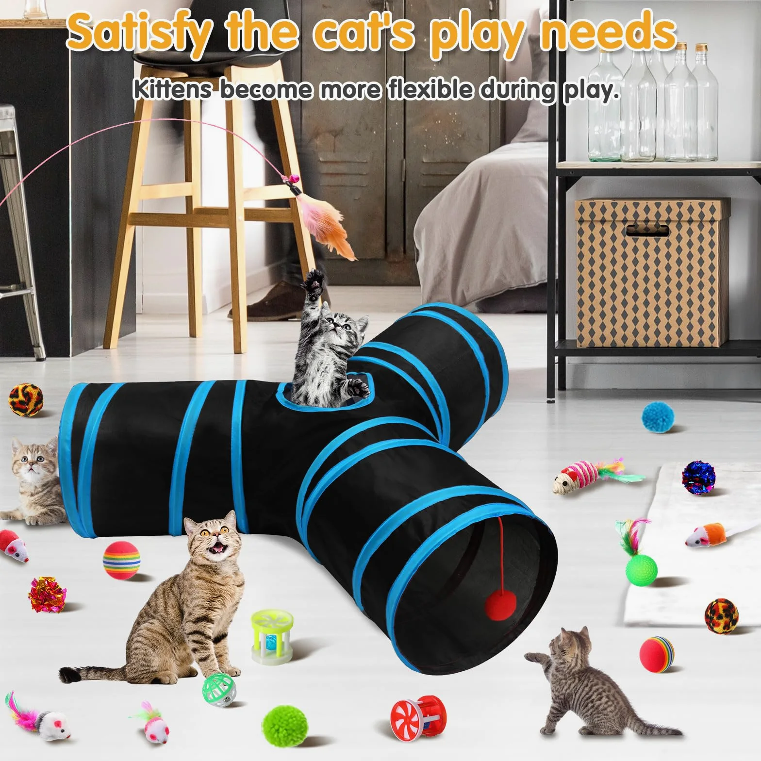 Poen Lot de 22 jouets pour chat avec 2 tunnels pliables et 20 jouets interactifs en plumes pour chat, souris moelleuse, balles froissées, pour chat, chaton et chiot (bleu, noir)