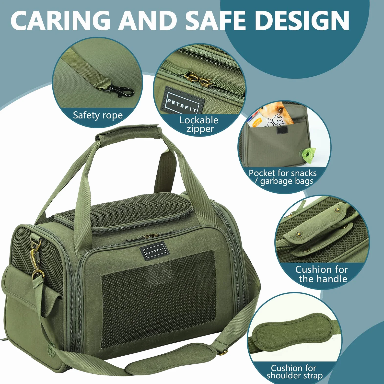 Petsfit Sac Transport Chat et Chien avec Coussin Extensible Taille S Olive Verte