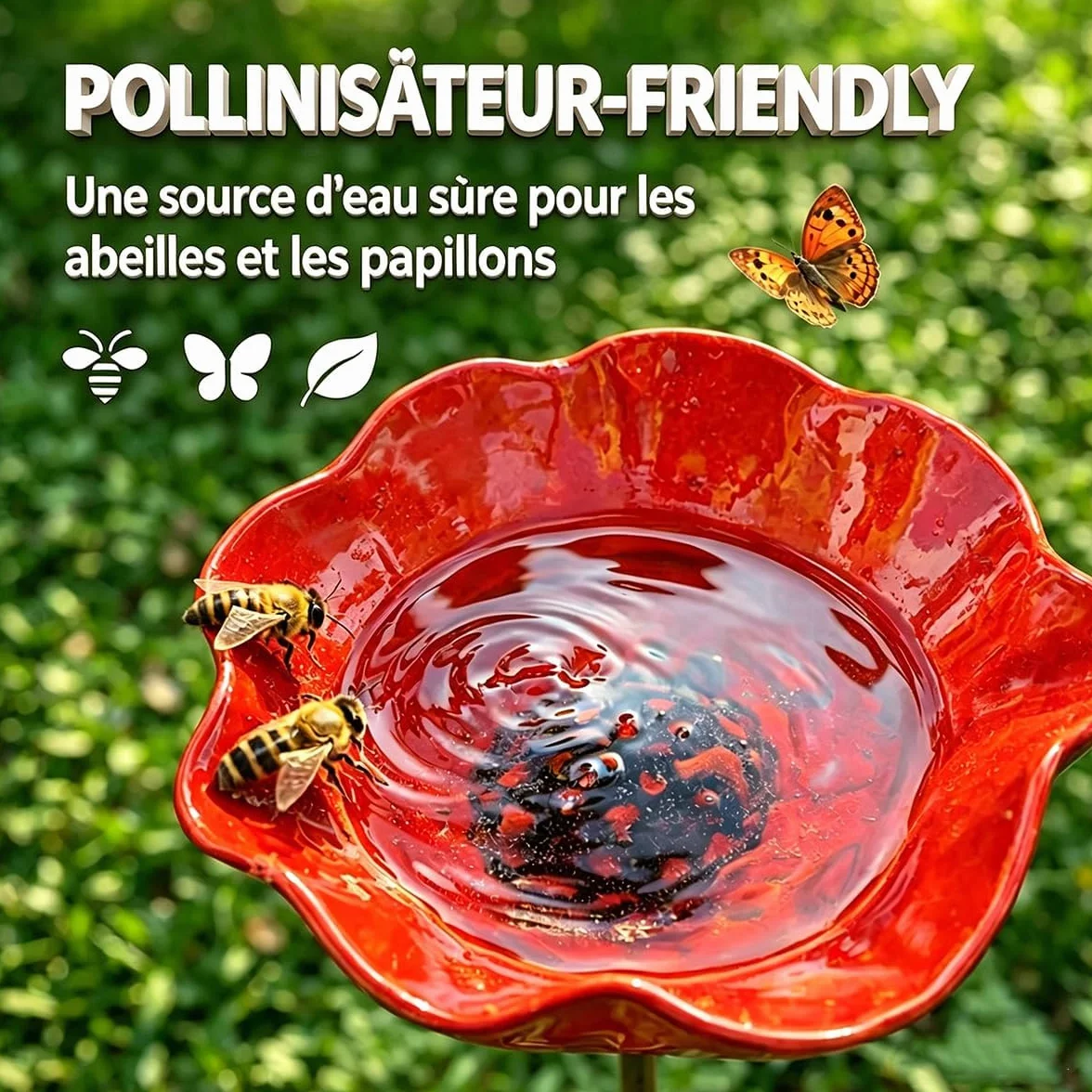 Bain d'oiseaux Abreuvoir Abeilles en Métal Motif Fleur Extérieur Résistante Intempéries Jardin Décoration (Red)