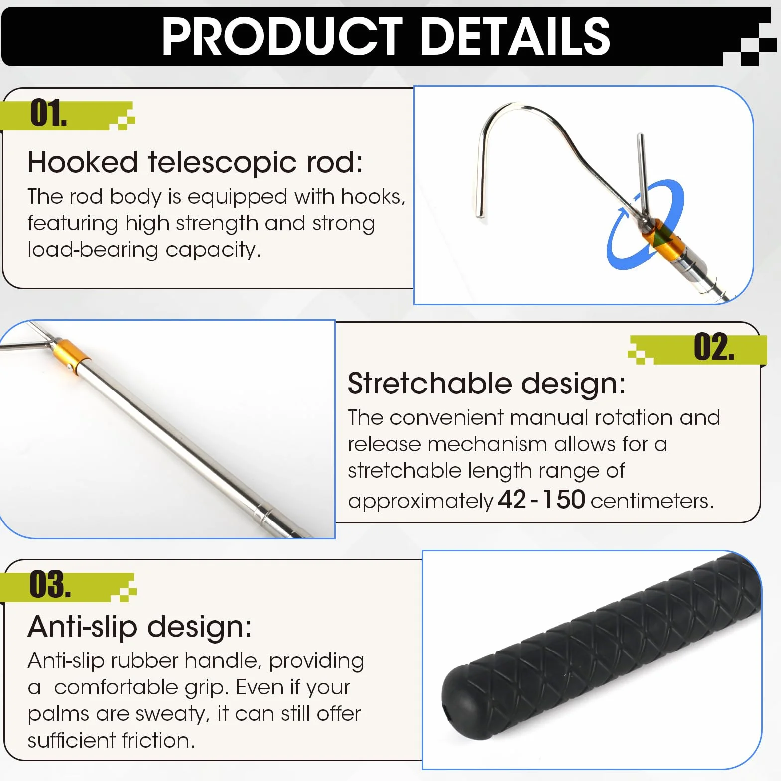 Perche Télescopique 41-150 cm Double Crochet Acier Inoxydable Ouvre-Auvent Camping Car