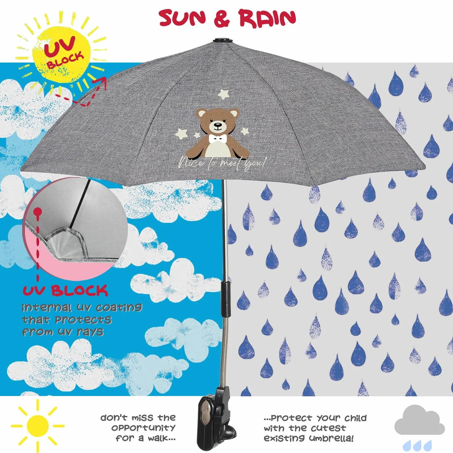 Perletti Parapluie Poussette Universel Gris Pliable Ombrelle Anti UV 68 cm