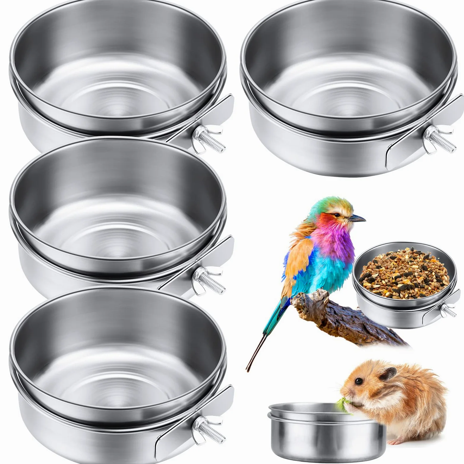Aoriher Lot de 4 gamelles en acier inoxydable de 887 ml avec pince de serrage pour calopsitte, conure, perruche, petits animaux