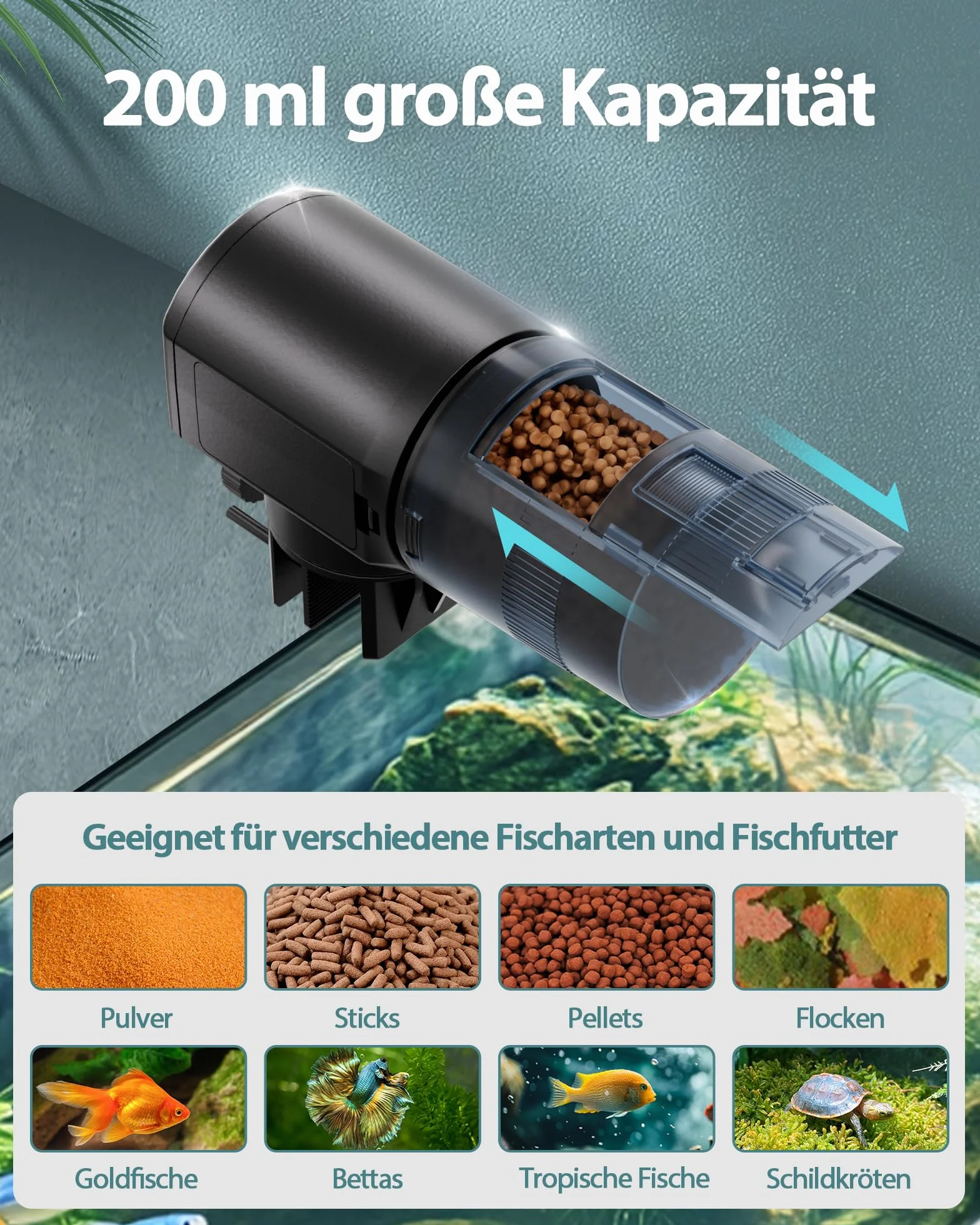 Distributeur Nourriture Poisson Automatique 200ML Grande Capacité Nourrisseur avec Minuterie pour Aquarium