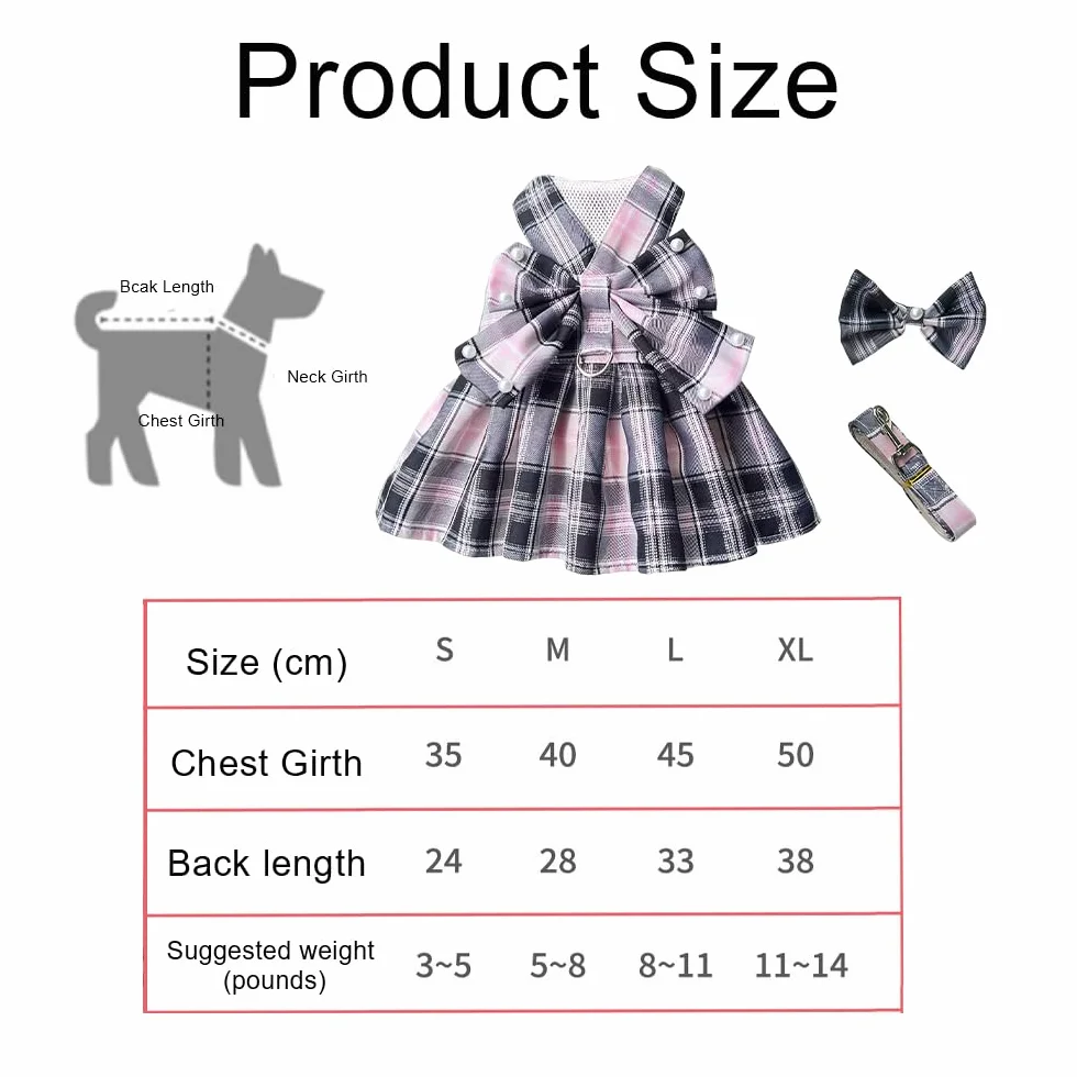 Robe pour Chien Tartan Rose Noir Noeud Papillon Vêtement Canin Respirant Mariage Cérémonies M