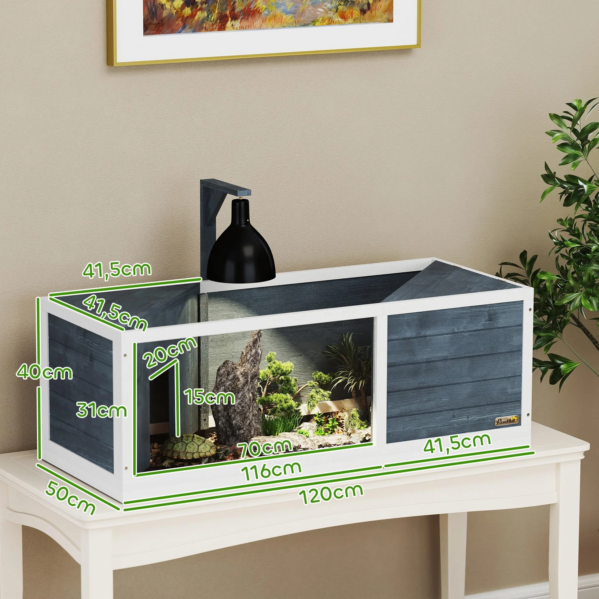 PawHut Maison pour Tortues XL 120 cm Terrarium Tortue terrestre en Bois 2 niches Toit ouvrant Aire de Jeu Ouverte enclos Support Lampe fenêtre panoramique Gris