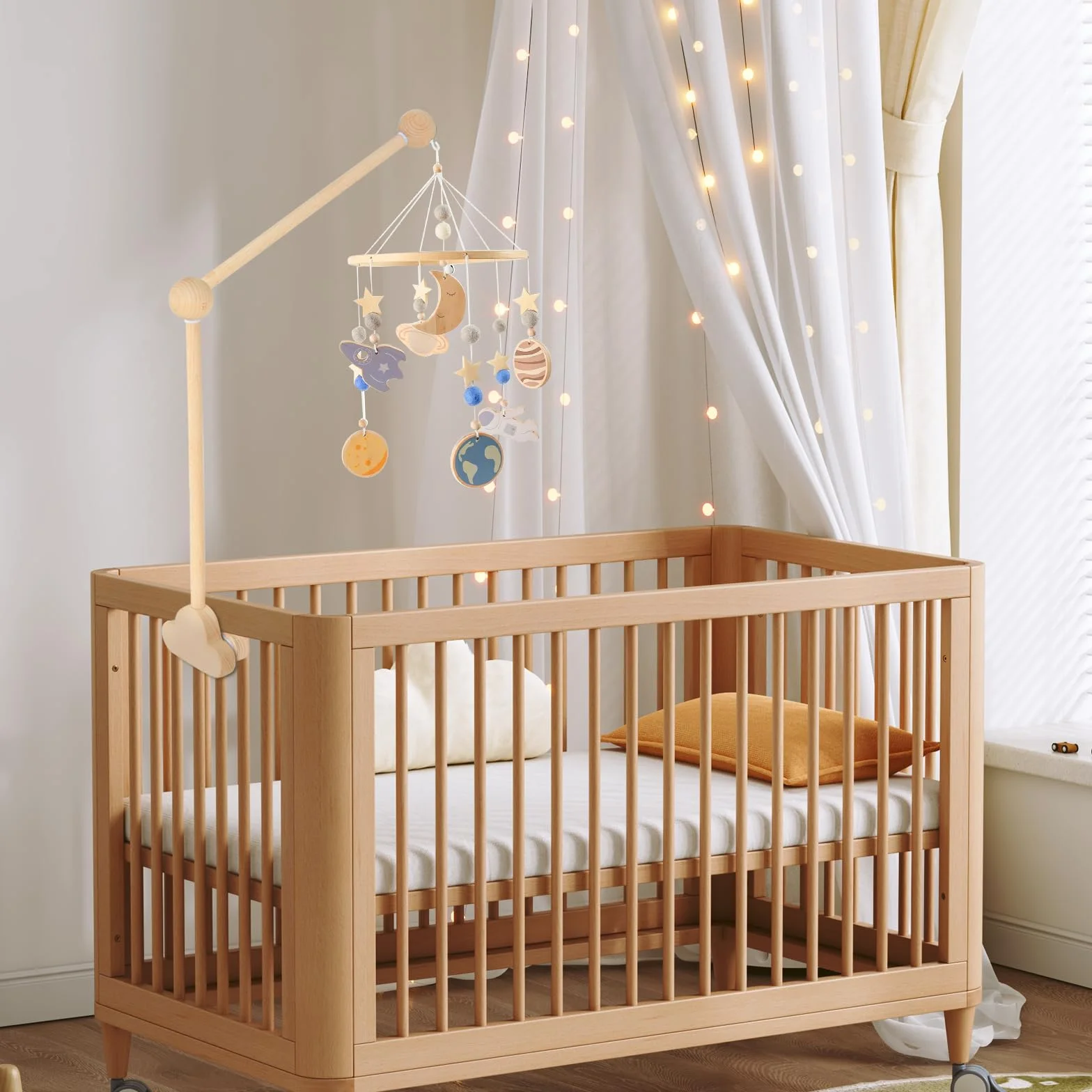 Support Mobile Bebe Bois, Support de Lit Rotatif, Base Nuage, Suspension Carillons pour Lit Enfant et Table à Langer