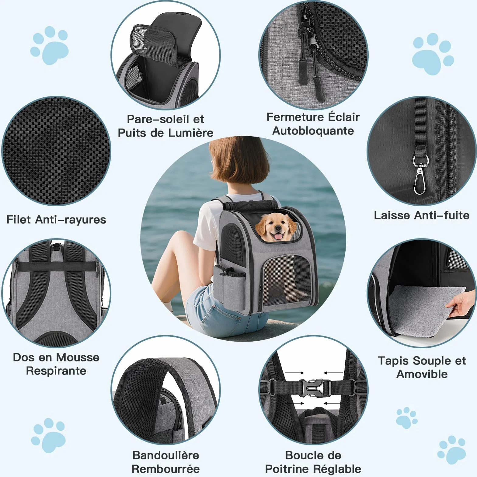Sac à Dos Chat Chien 10kg Transport avec Fenêtre en Maille, Laisse et Tapis Intégrés Gris