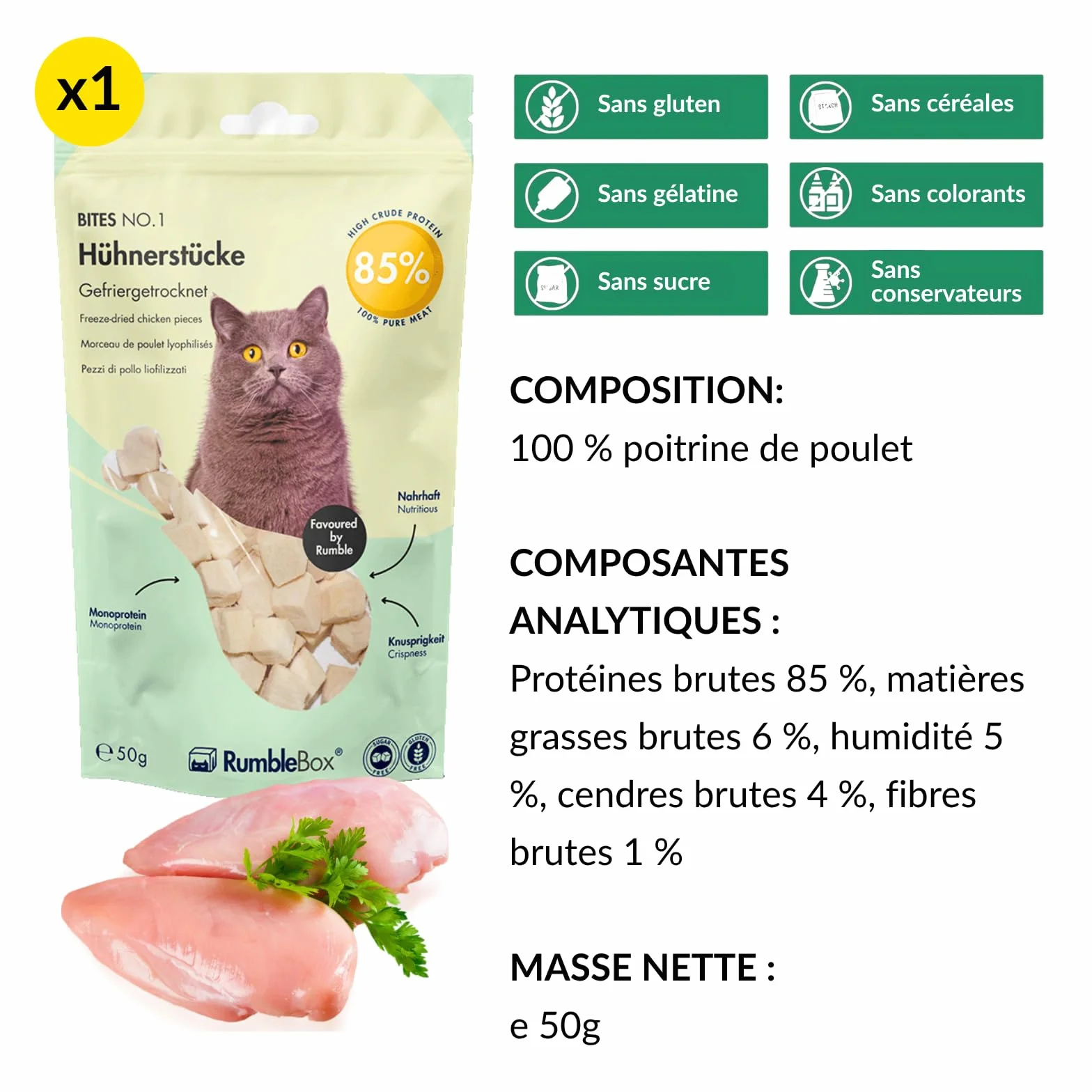 Friandises lyophilisées pour Chats – Blanc de Poulet 100% Mono-protéine, sans céréales, 50 g