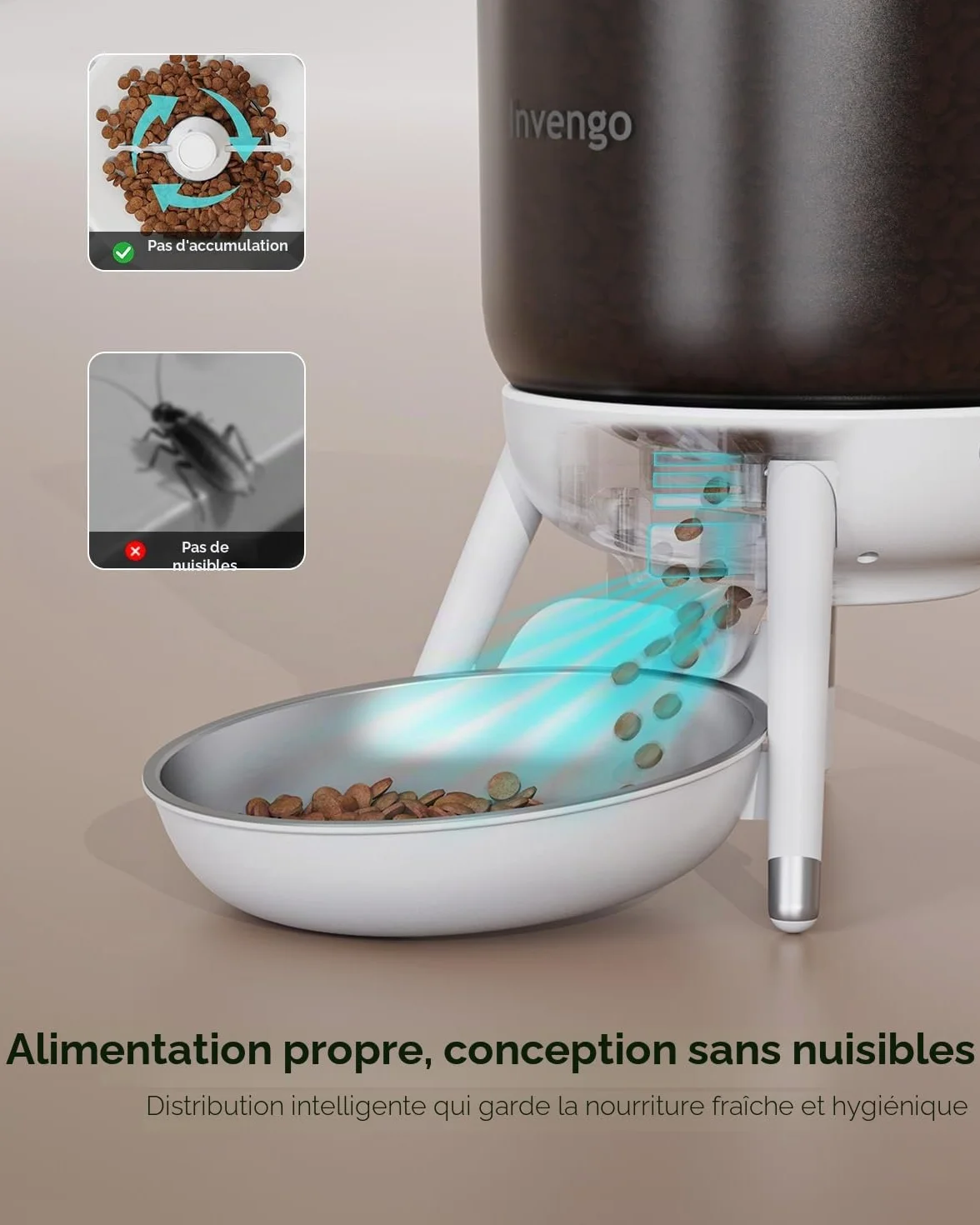 Distributeur Croquettes Chat Automatique Programmable Invengo, Double Alimentation, Anti-Insecte, Trémie 3L, Blanc