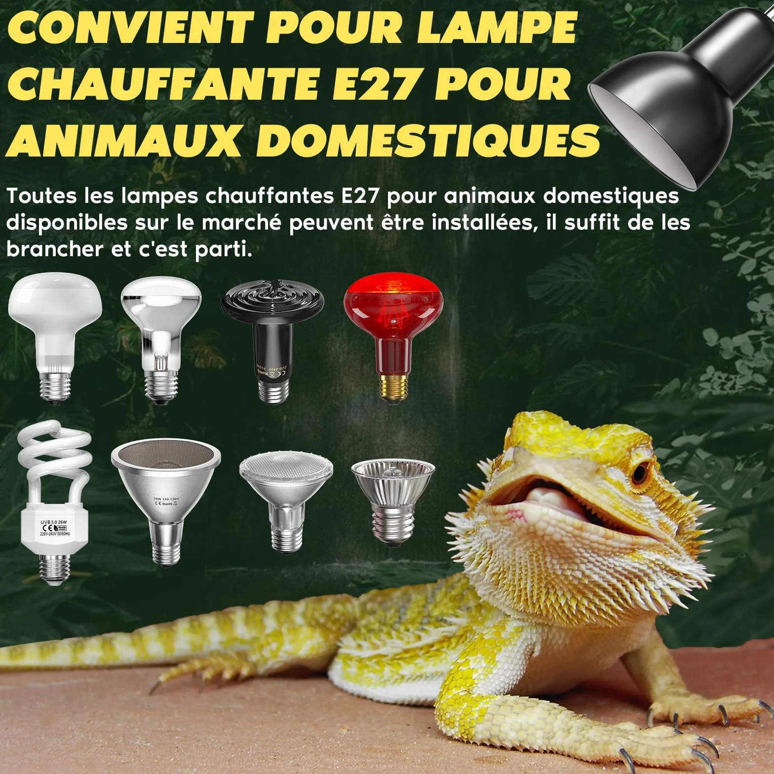 Lampe Chauffante Tortue E27 avec Minuterie et Contrôle de Température, 2x Ampoules 100W UVA UVB