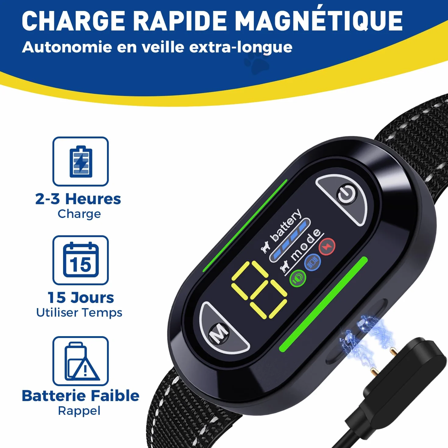 Collier Anti Aboiement Chien Rechargeable IP67 4 Modes Son Vibration Choc Electrique Réglable 5 Niveaux Sensibilité Noir
