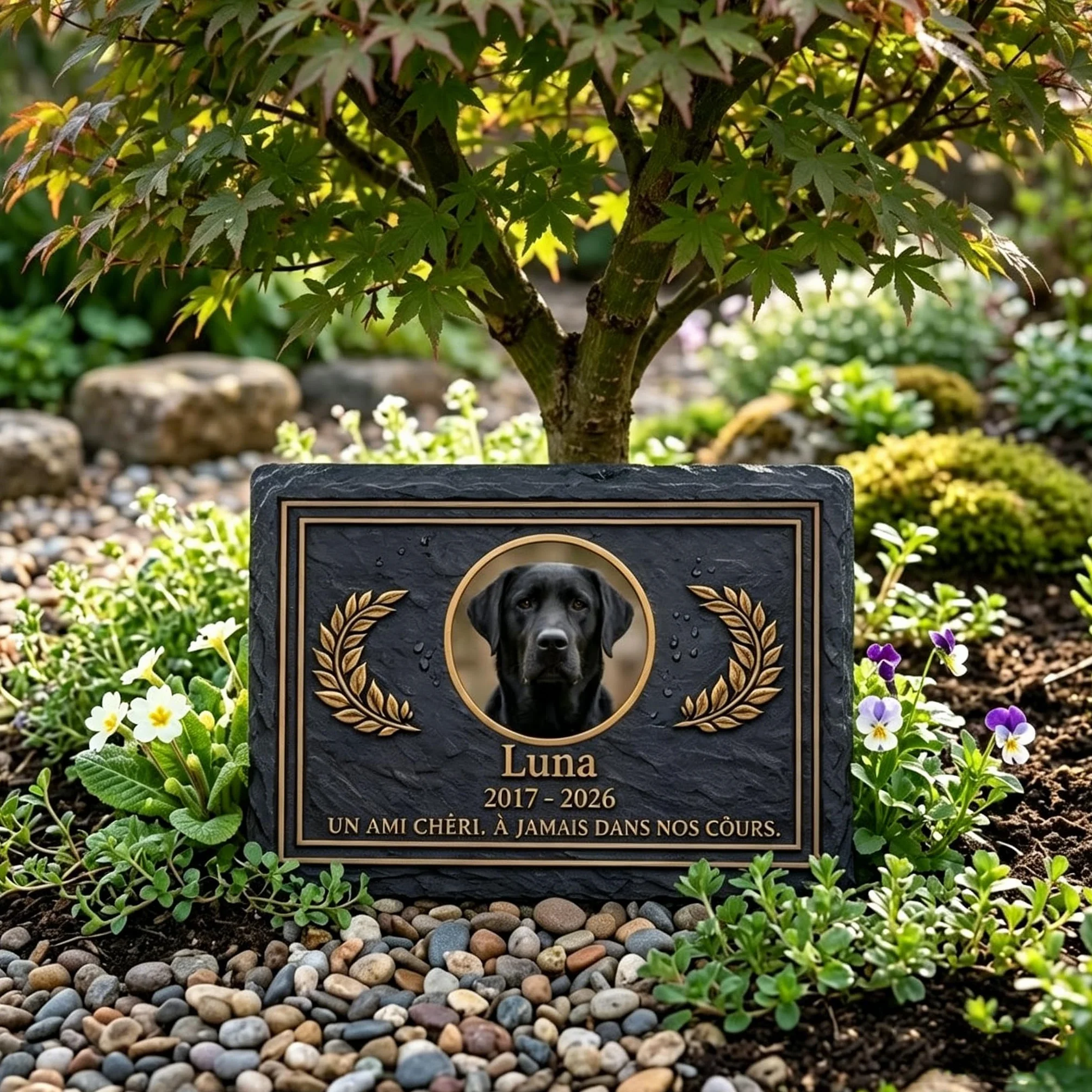 Plaque Commémorative Carrée Pierre Tombale Personnalisée pour Animal de Compagnie avec Photo et Nom - Cadeau Mémoire Chien