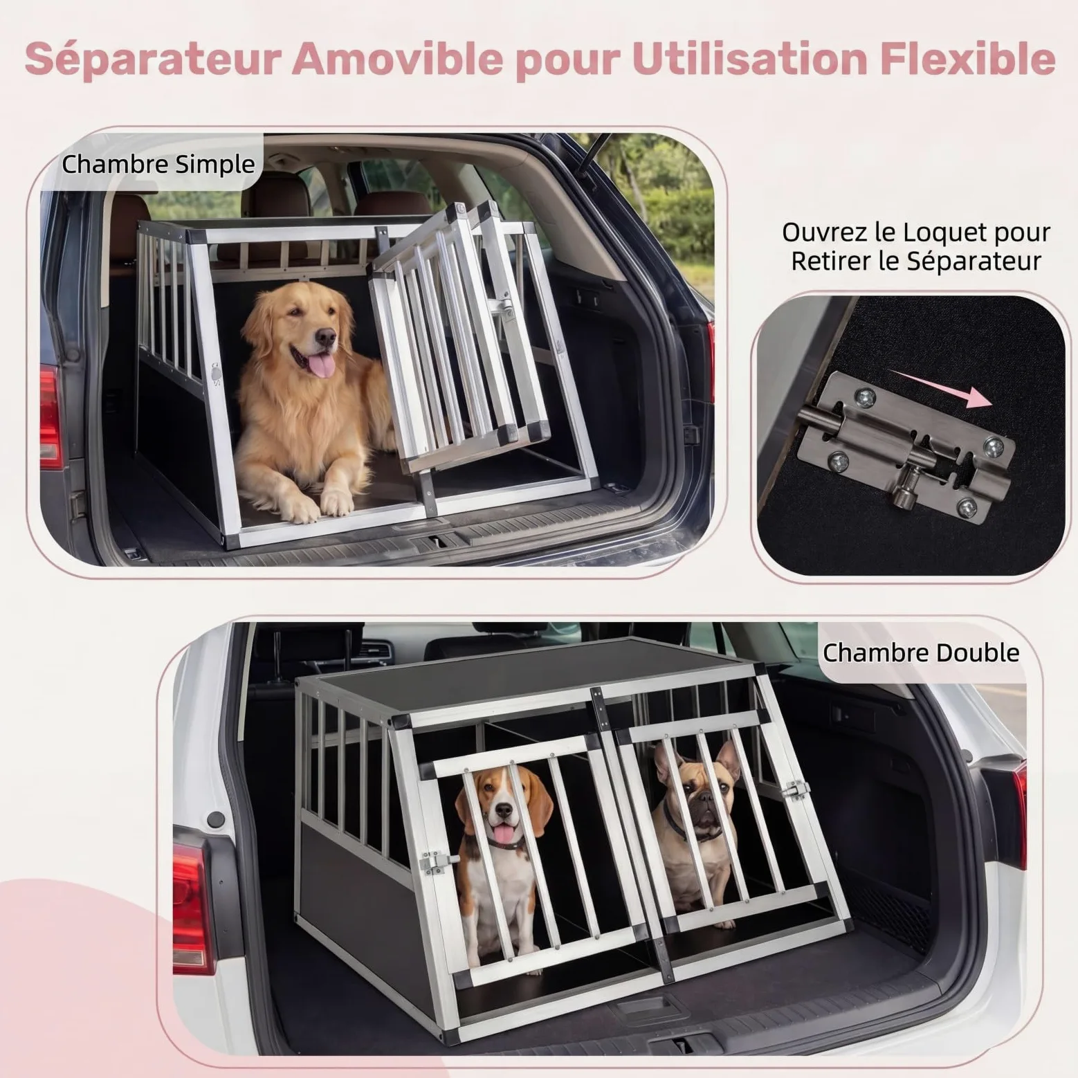 GYMAX Cage pour Chien avec Double Chambre, Séparateur Amovible, Porte Verrouillable, Niche avec Cadre Métallique, Caisse de Transport Voiture Trapézoïdale pour Petits Chiots, 80 x 65 x 48 cm