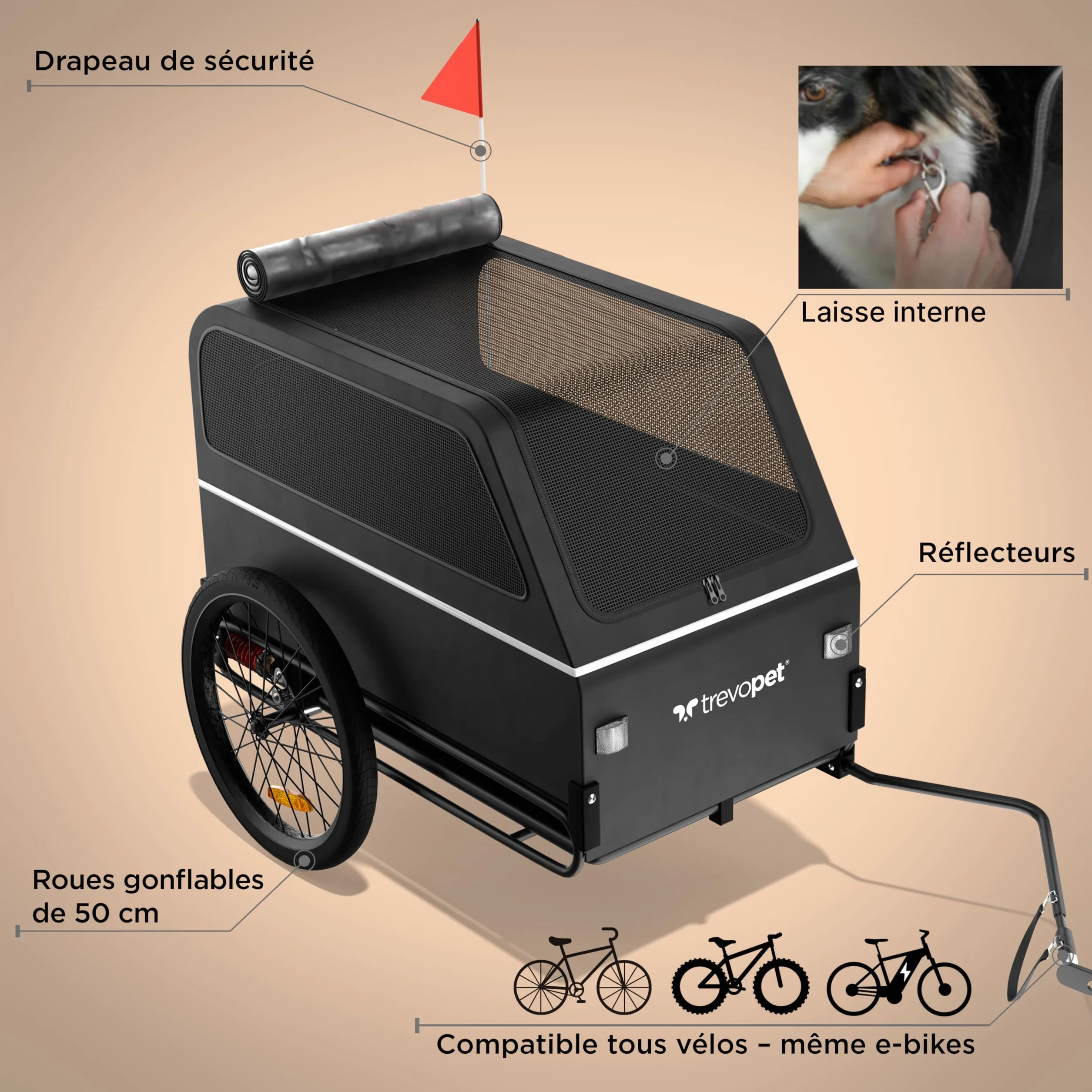 Remorque Velo Chien XL Pliable avec Rampe et Suspension 45kg Compatible Vélos Électriques