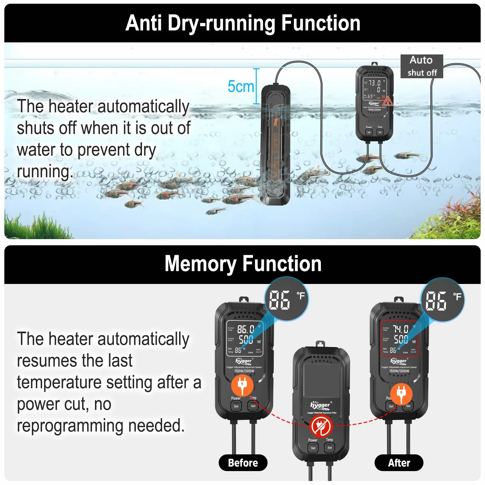 hygger Chauffage d'aquarium Puissance Réglable 500 W/1000 W, Submersible Chauffage pour Aquarium Température de 15 à 35℃ avec Protection Automatique de 400 à 800 litres