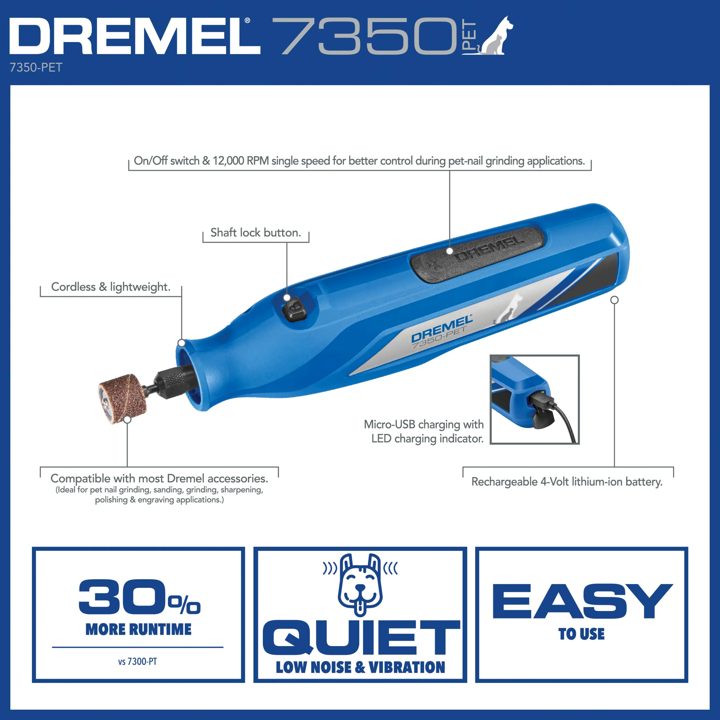 Dremel 7350-Pet Kit de toilettage pour animaux domestiques 3,6 V