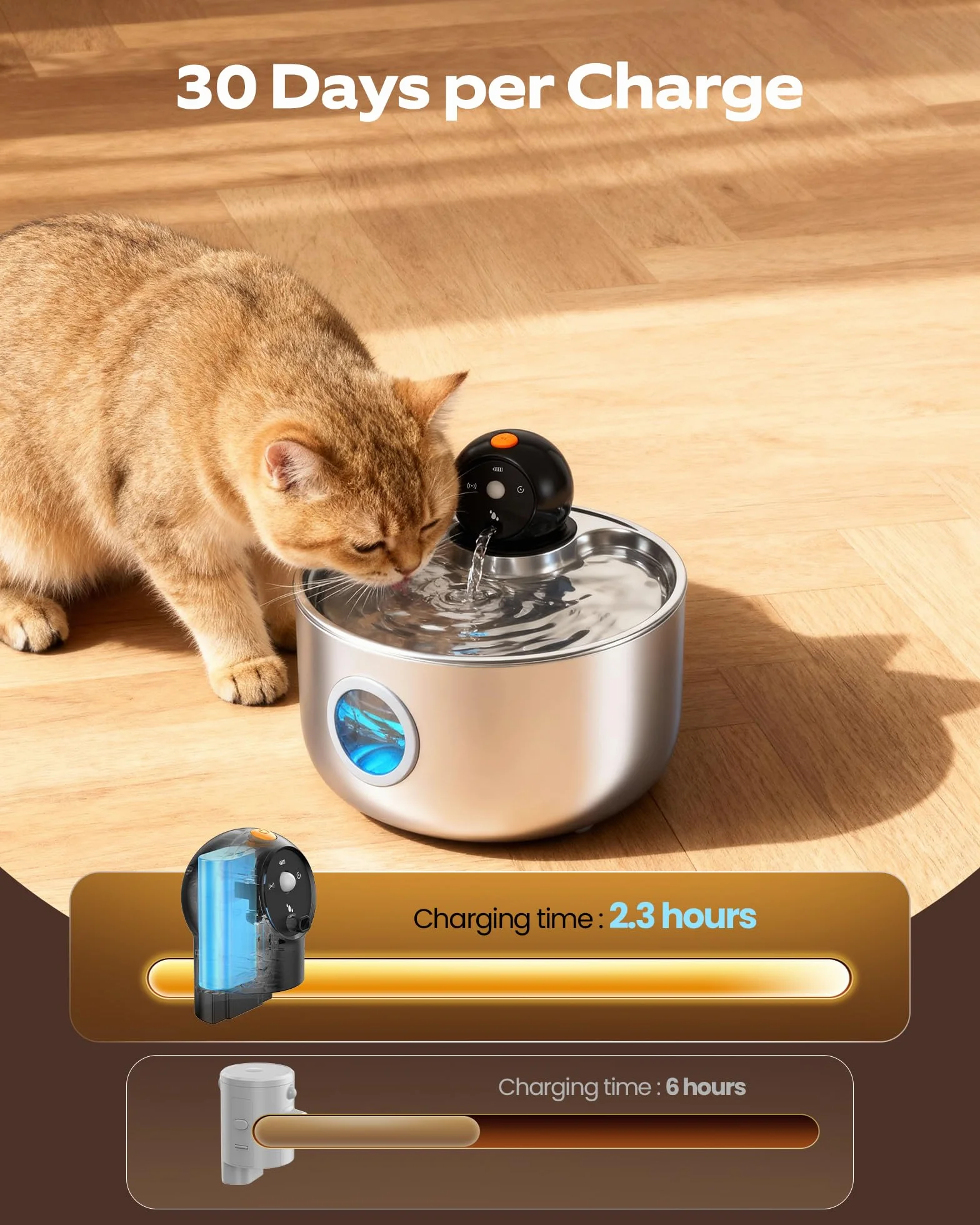 Fontaine à Eau pour Chat sans Fil INOX 2.6L avec Détecteur de Mouvement et Batterie Rechargeable